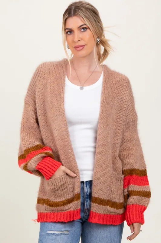 Camel Chunky Knit Stripe Detail Sweater Cardigan sold by Pinkblush