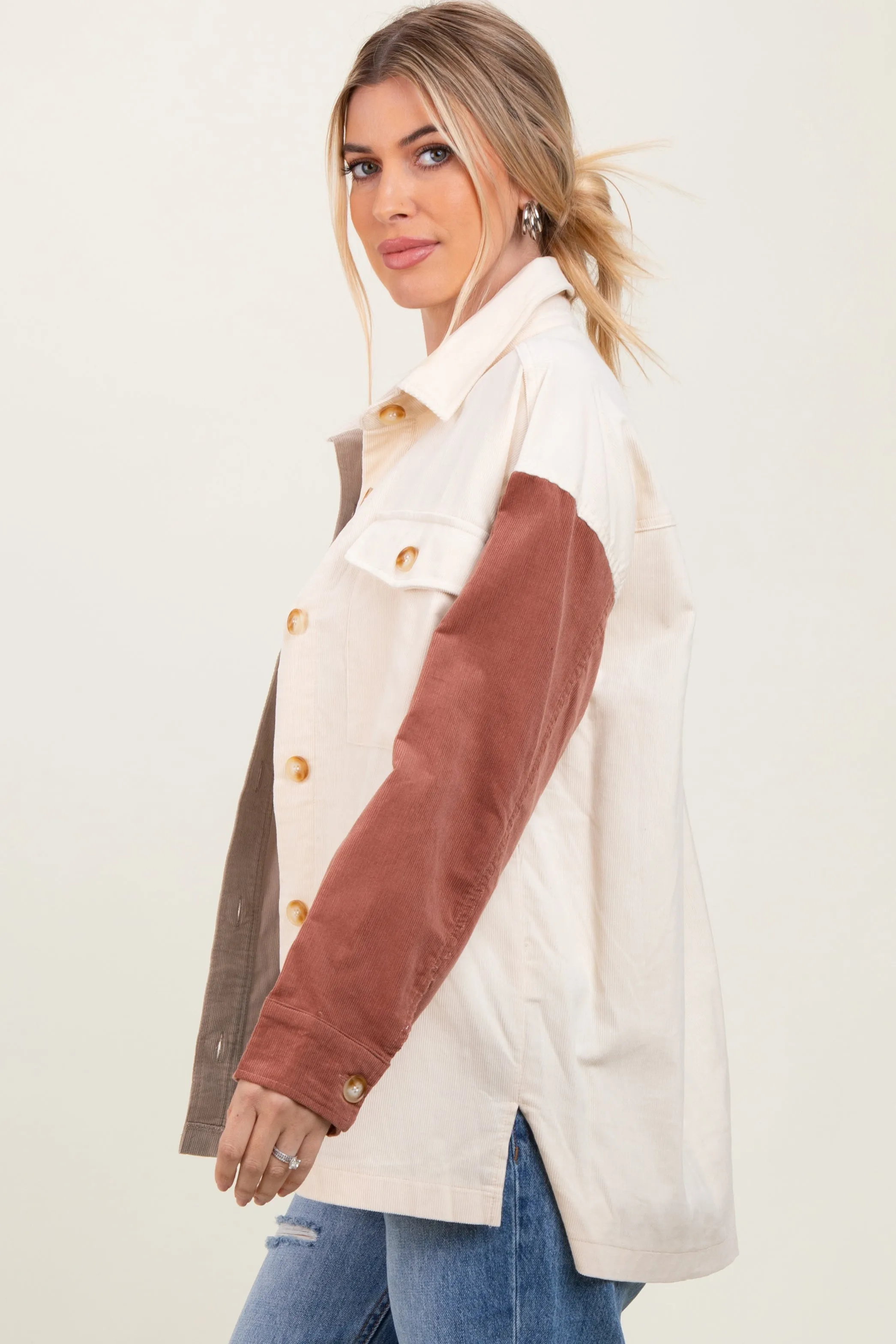 Ivory Corduroy Colorblock Oversized Shirt Jacket sold by Pinkblush product image thumbnail 2