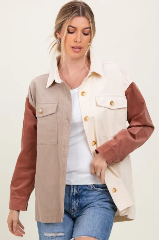 Ivory Corduroy Colorblock Oversized Shirt Jacket sold by Pinkblush