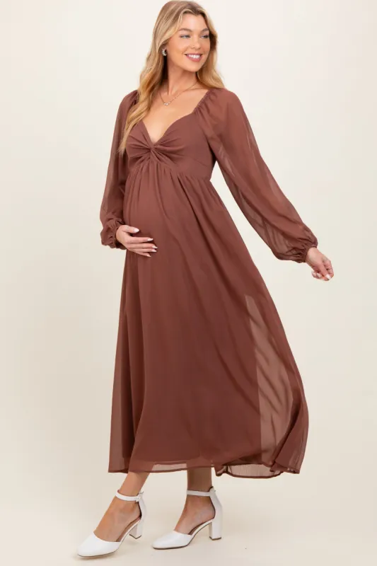 Mocha Chiffon Twisted Front Maternity Midi Dress sold by Pinkblush