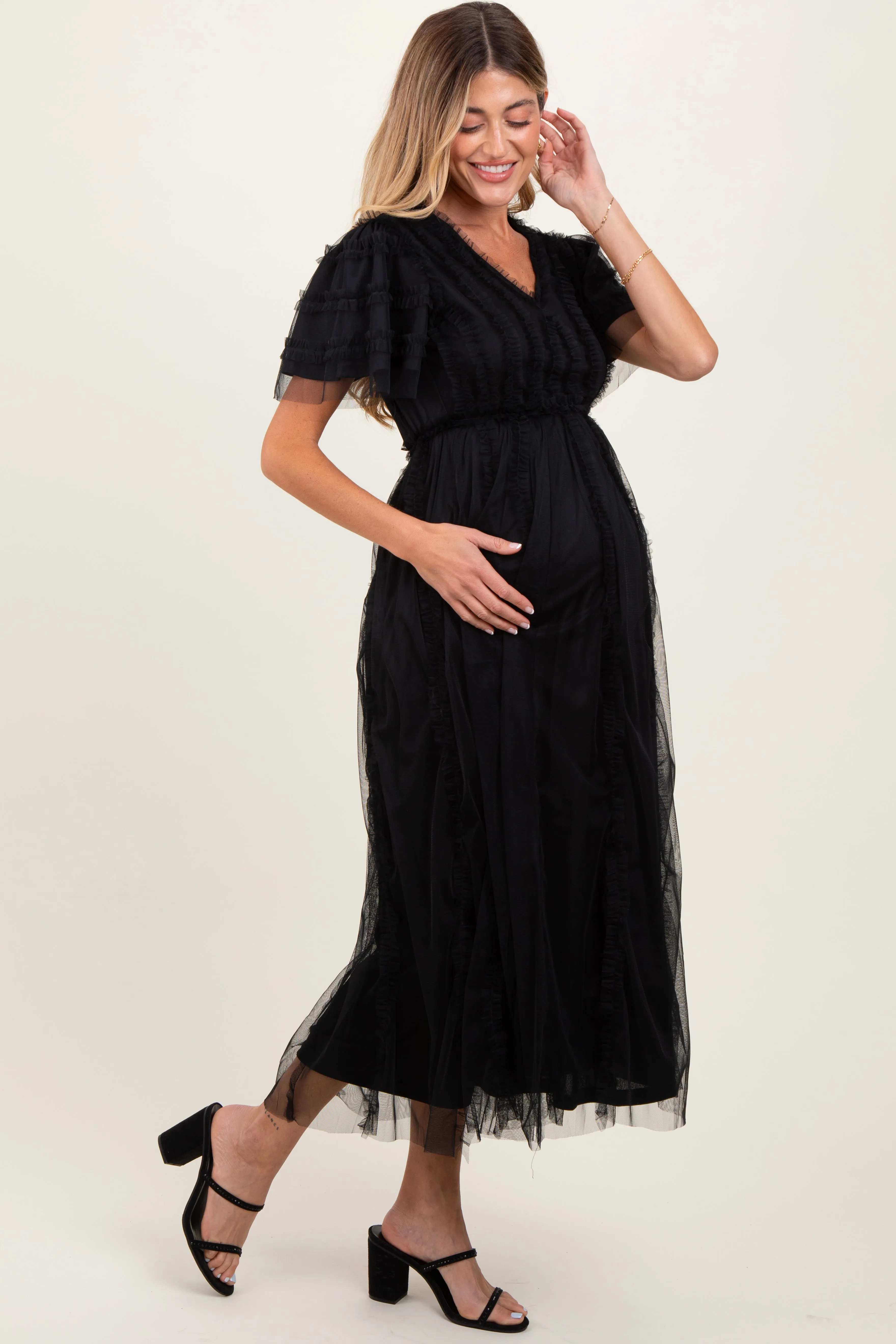 Black Ruffle Accent Mesh Overlay Maternity Maxi Dress sold by Pinkblush product image thumbnail 3