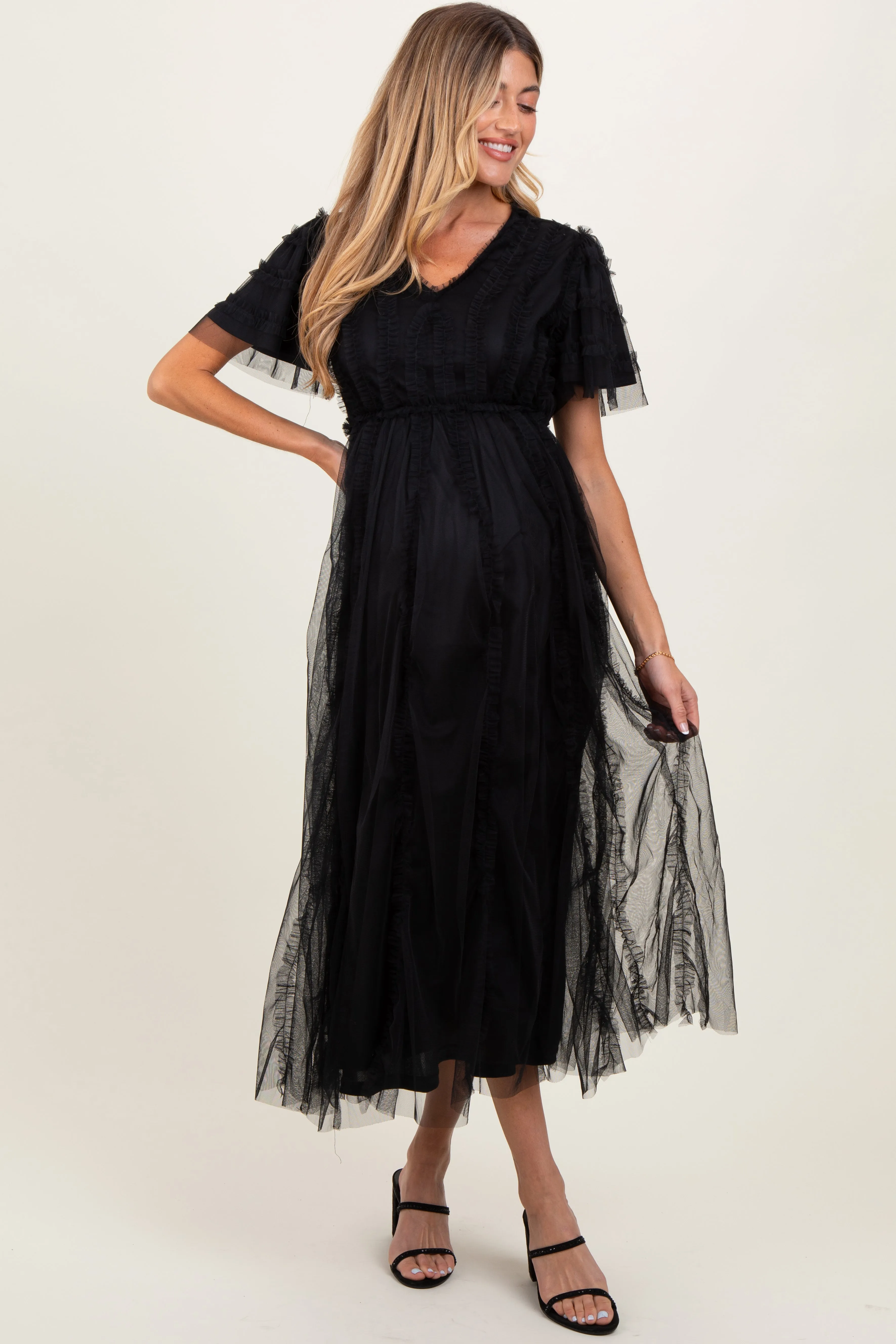 Black Ruffle Accent Mesh Overlay Maternity Maxi Dress sold by Pinkblush