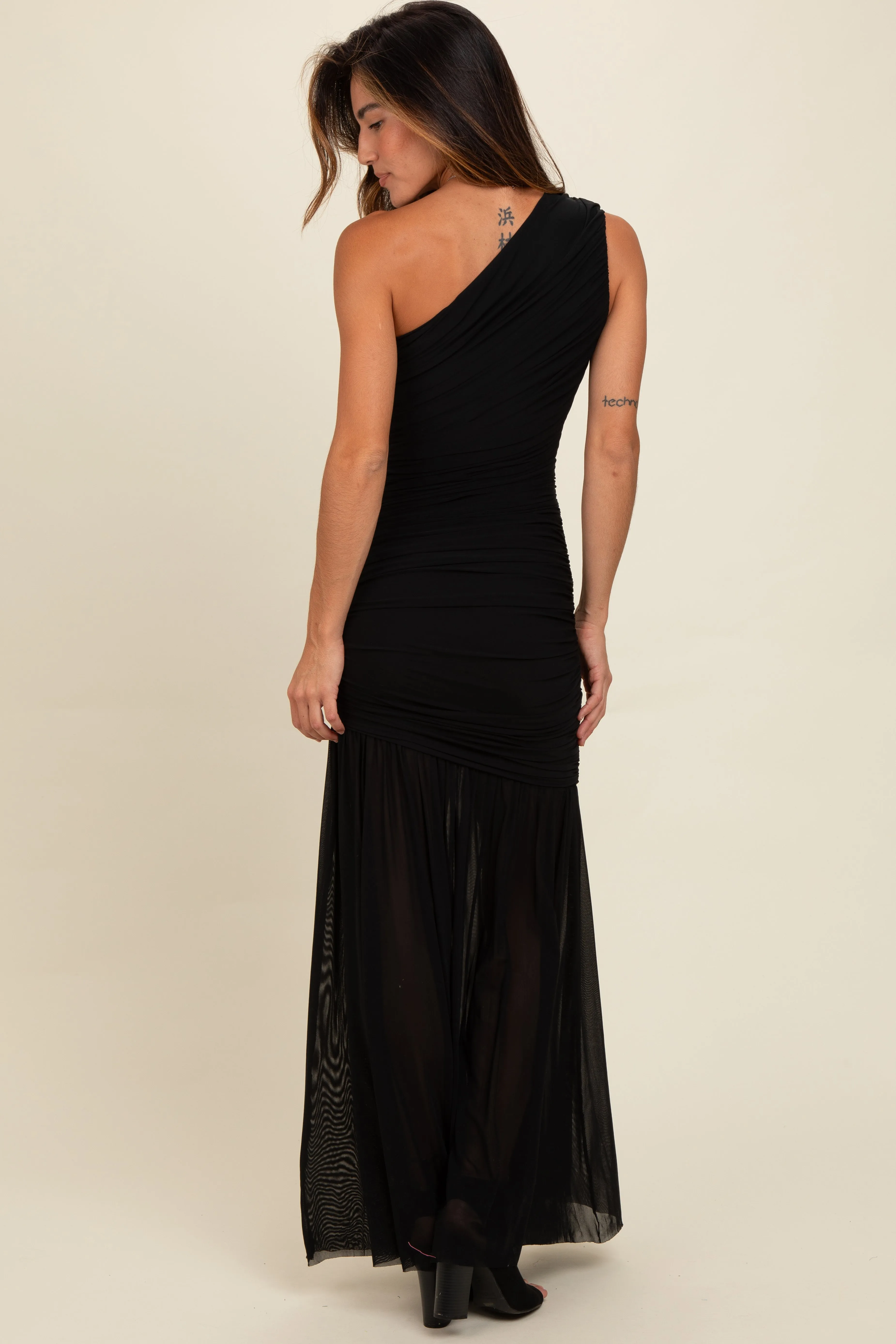 Black Ruched Mesh One Shoulder Maxi Dress sold by Pinkblush product image thumbnail 4