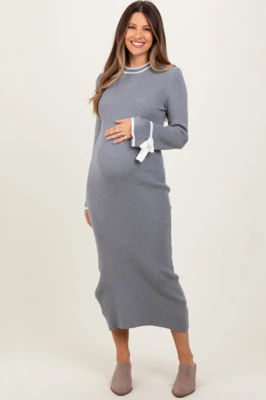 Grey Knit Bow Detail Sleeve Maternity Midi Sweater Dress sold by Pinkblush