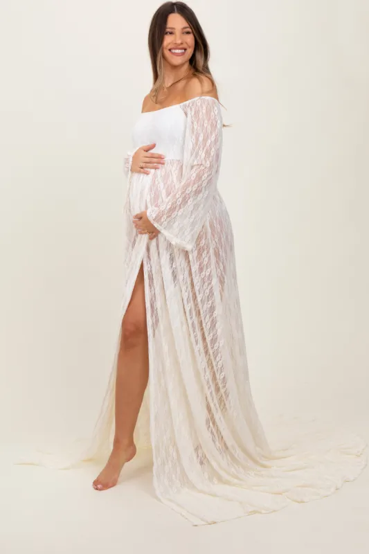 Ivory Lace Off Shoulder Maternity Photoshoot Gown/Dress sold by Pinkblush