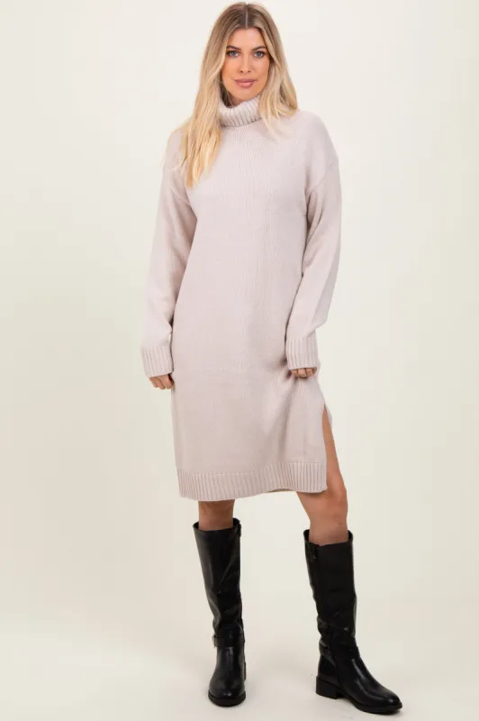 Beige Turtleneck Side Slit Midi Sweater Dress sold by Pinkblush