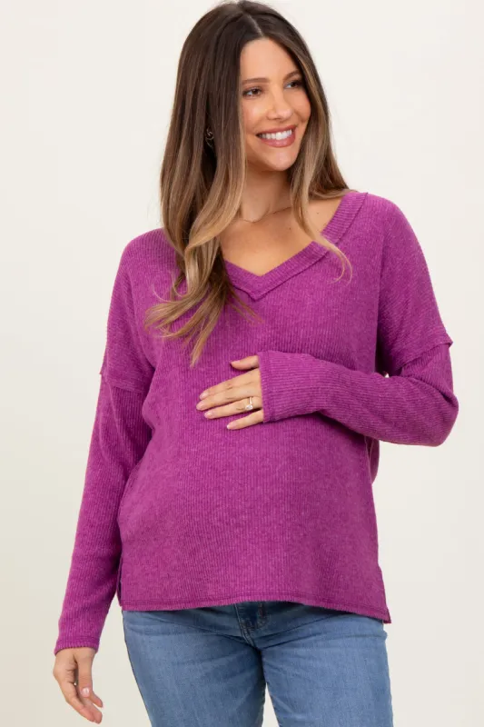 Magenta Ribbed V-Neck Long Sleeve Maternity Top sold by Pinkblush