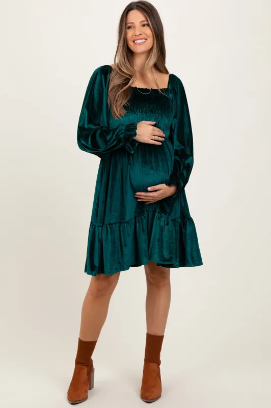 Forest Green Velvet Smocked Long Sleeve Maternity Dress sold by Pinkblush