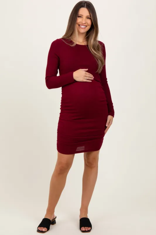 Burgundy Layered Top Ruched Maternity/Nursing Midi Dress sold by Pinkblush