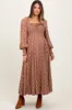 Mocha Damask Print Smocked Ruffle Accent Maternity Maxi Dress sold by Pinkblush