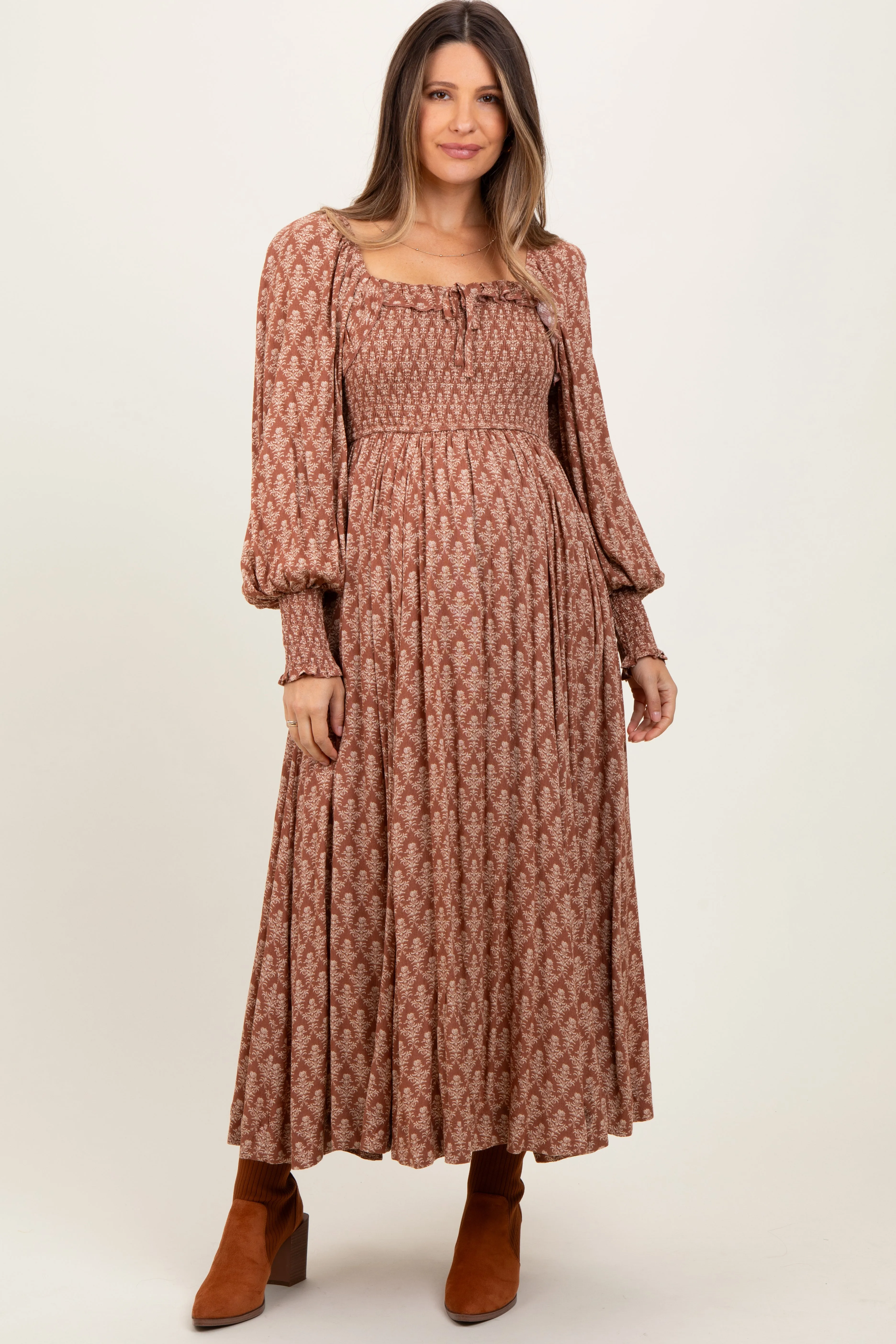 Mocha Damask Print Smocked Ruffle Accent Maternity Maxi Dress sold by Pinkblush product image thumbnail 2