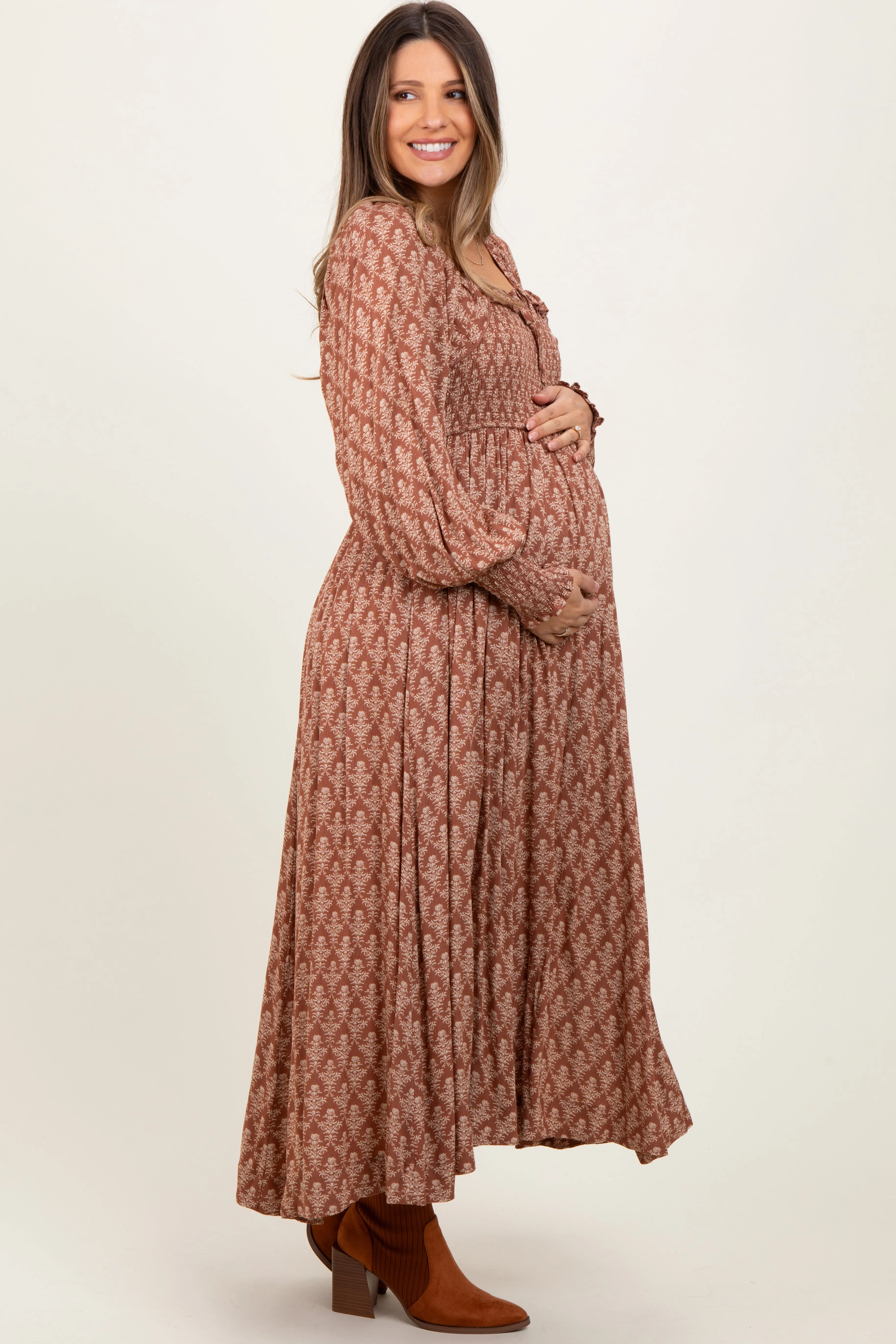 Mocha Damask Print Smocked Ruffle Accent Maternity Maxi Dress sold by Pinkblush product image thumbnail 3
