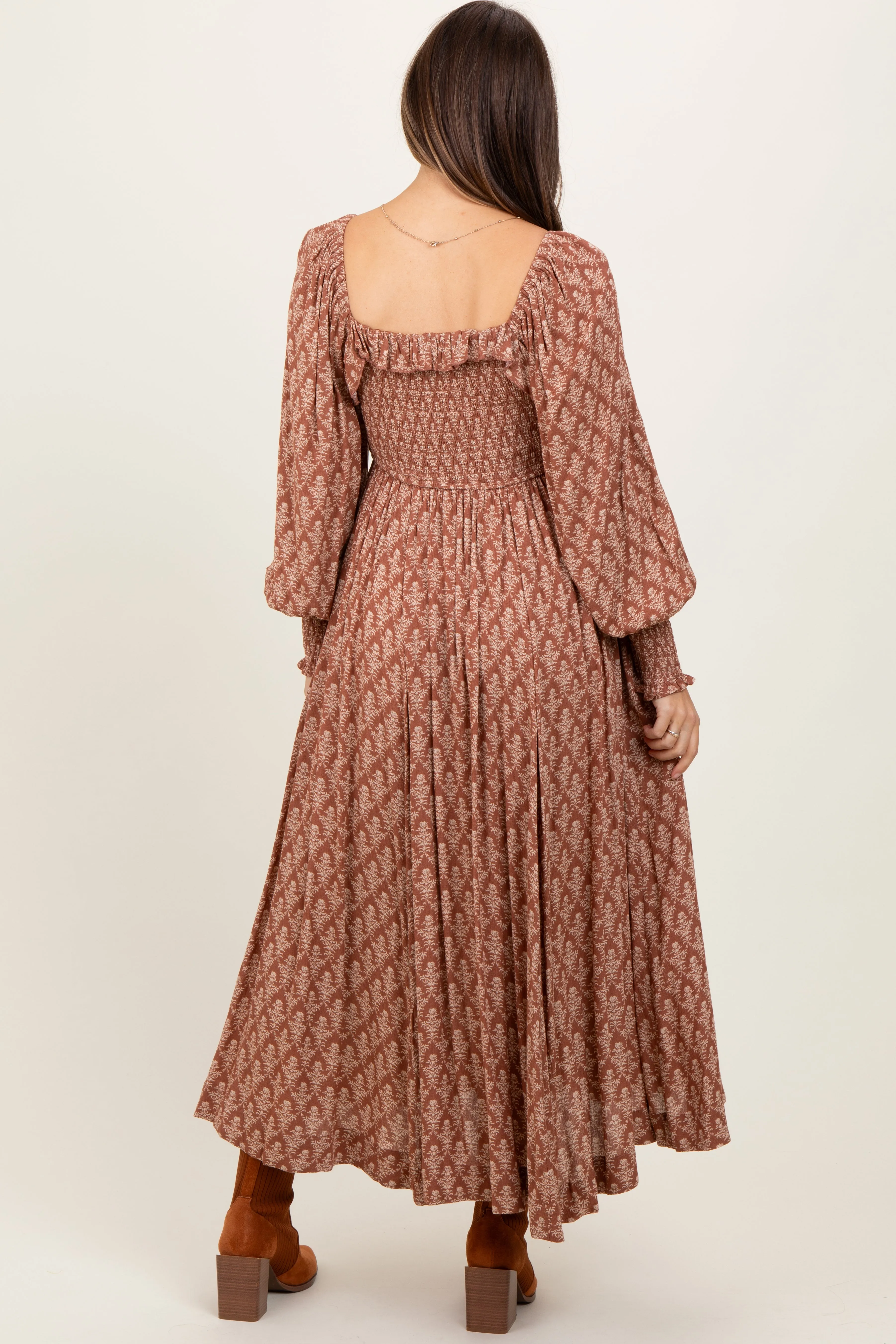 Mocha Damask Print Smocked Ruffle Accent Maternity Maxi Dress sold by Pinkblush product image thumbnail 4