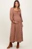Mocha Damask Print Smocked Ruffle Accent Maternity Maxi Dress sold by Pinkblush
