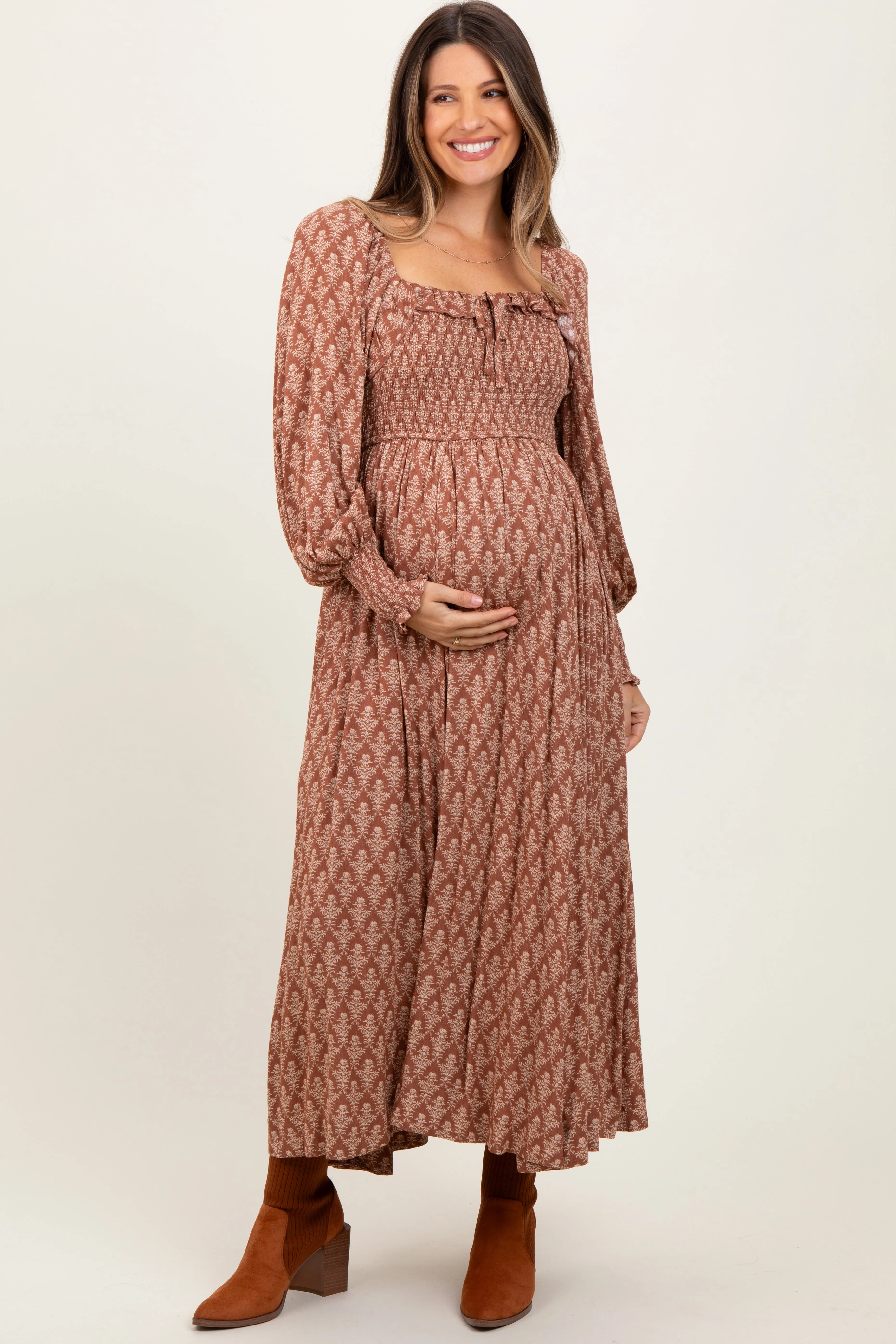 Mocha Damask Print Smocked Ruffle Accent Maternity Maxi Dress sold by Pinkblush