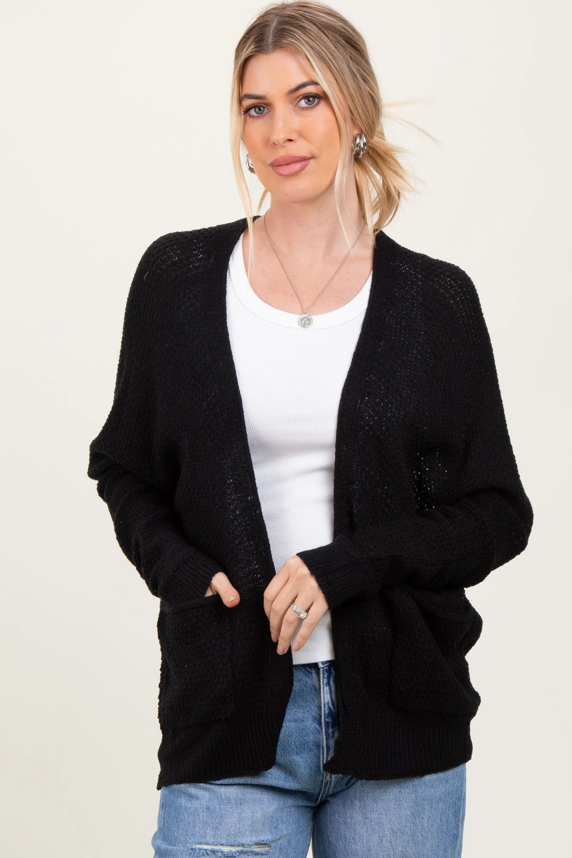Black Pocketed Open Cardigan sold by Pinkblush