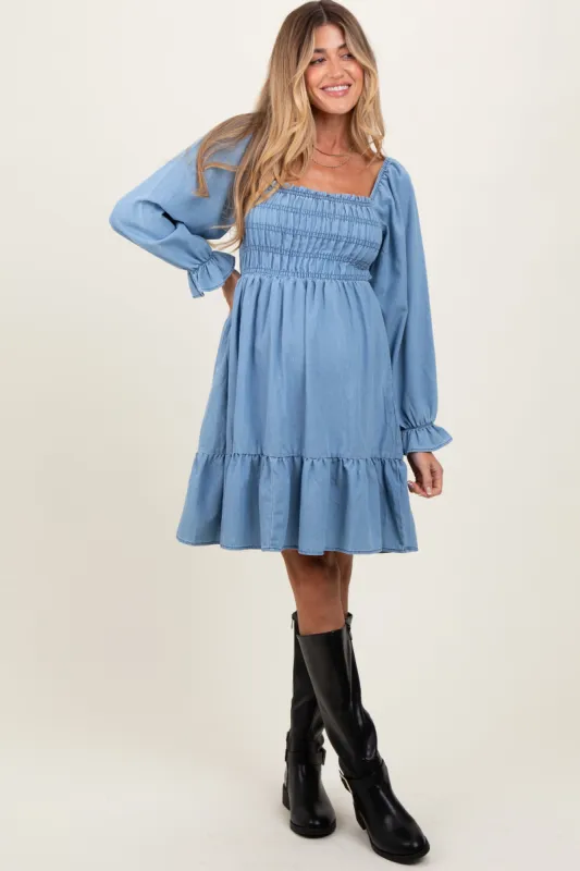 Light Blue Vintage Wash Chambray Smocked Maternity Midi Dress sold by Pinkblush