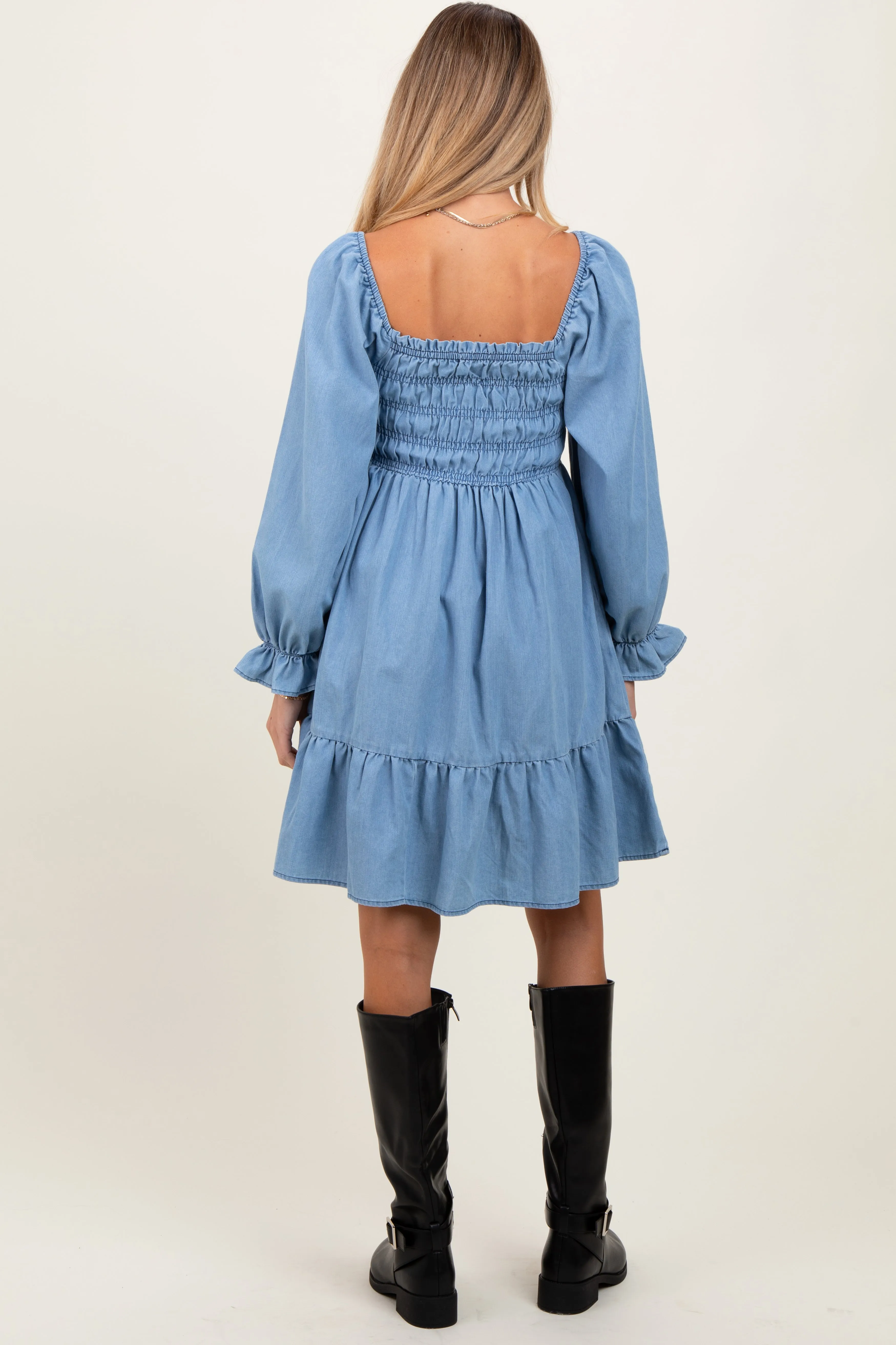 Light Blue Vintage Wash Chambray Smocked Maternity Midi Dress sold by Pinkblush product image thumbnail 2