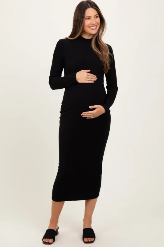 Black Basic Mock Long Sleeve Maternity Maxi Dress sold by Pinkblush