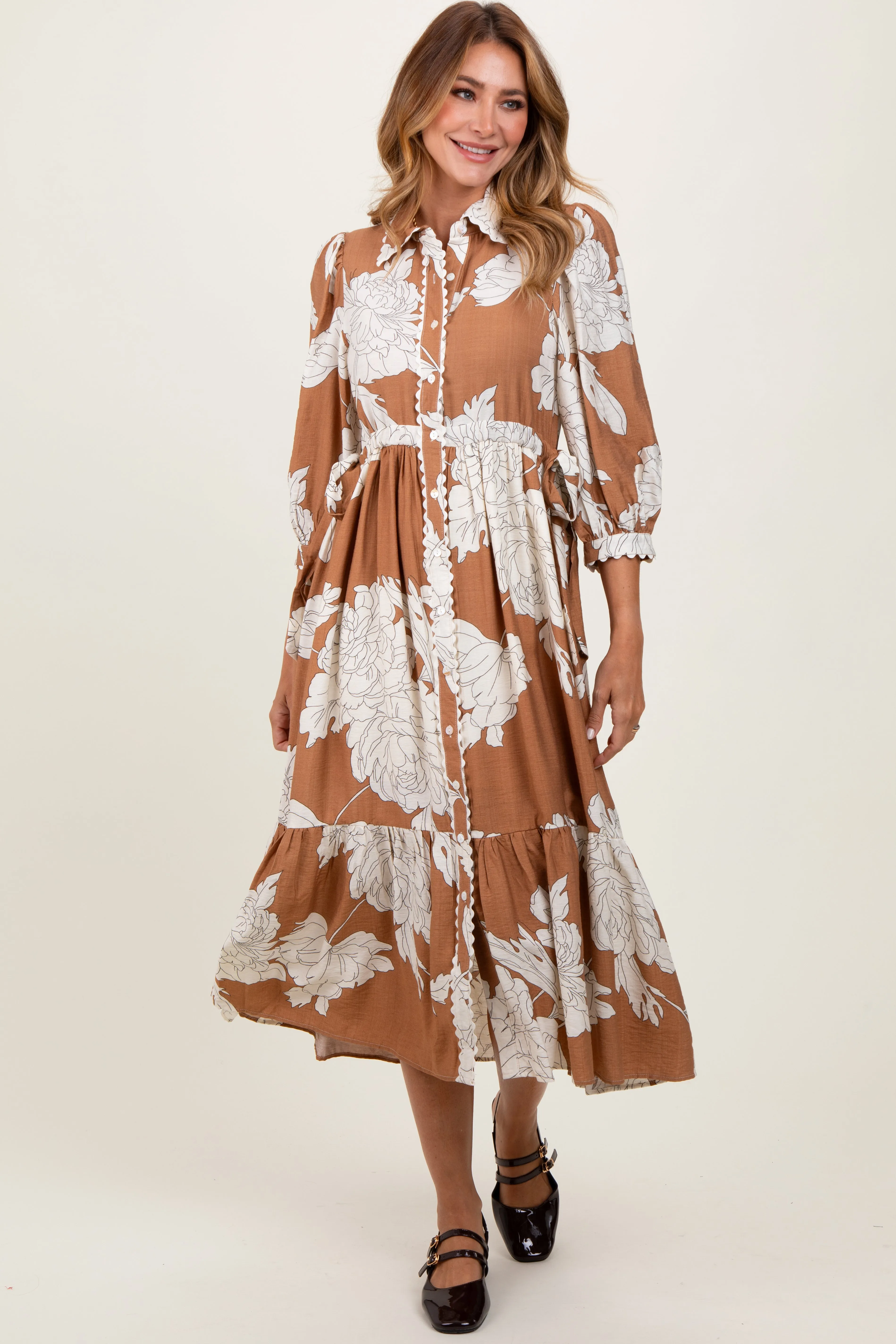 Camel Floral Print Cinched Tie Waist Maternity Shirt Dress sold by Pinkblush product image thumbnail 4