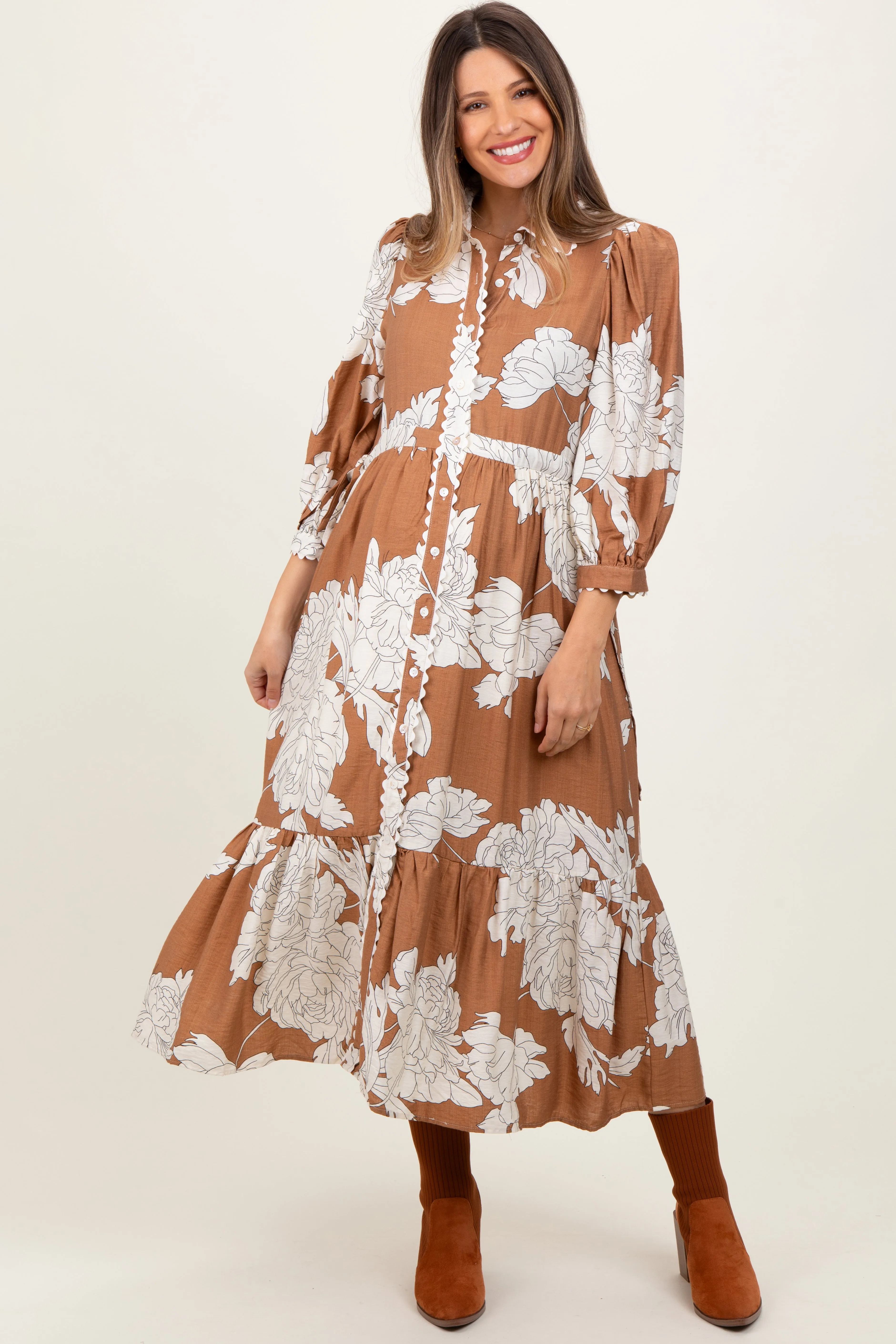 Camel Floral Print Cinched Tie Waist Maternity Shirt Dress sold by Pinkblush