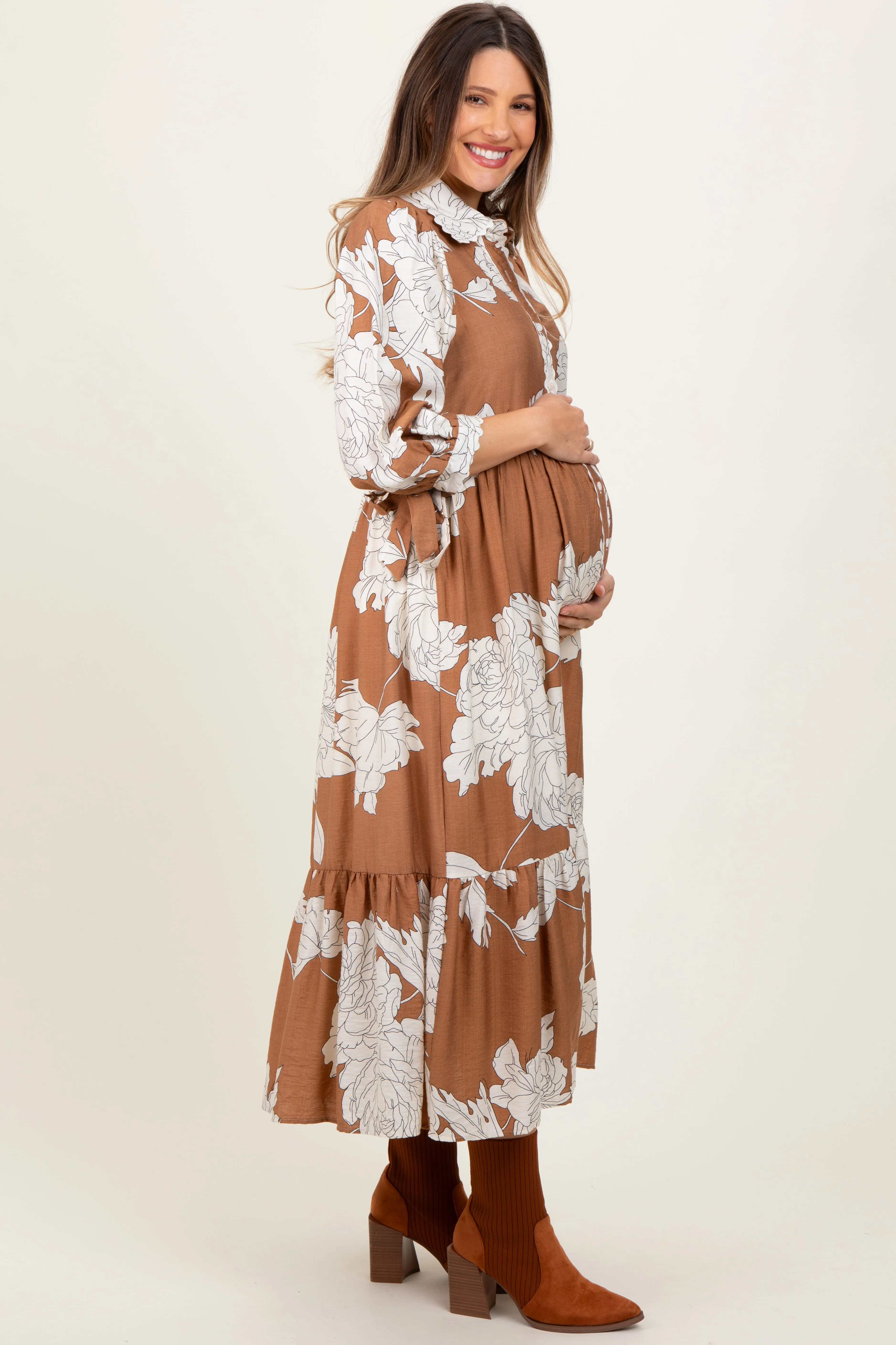Camel Floral Print Cinched Tie Waist Maternity Shirt Dress sold by Pinkblush product image thumbnail 2