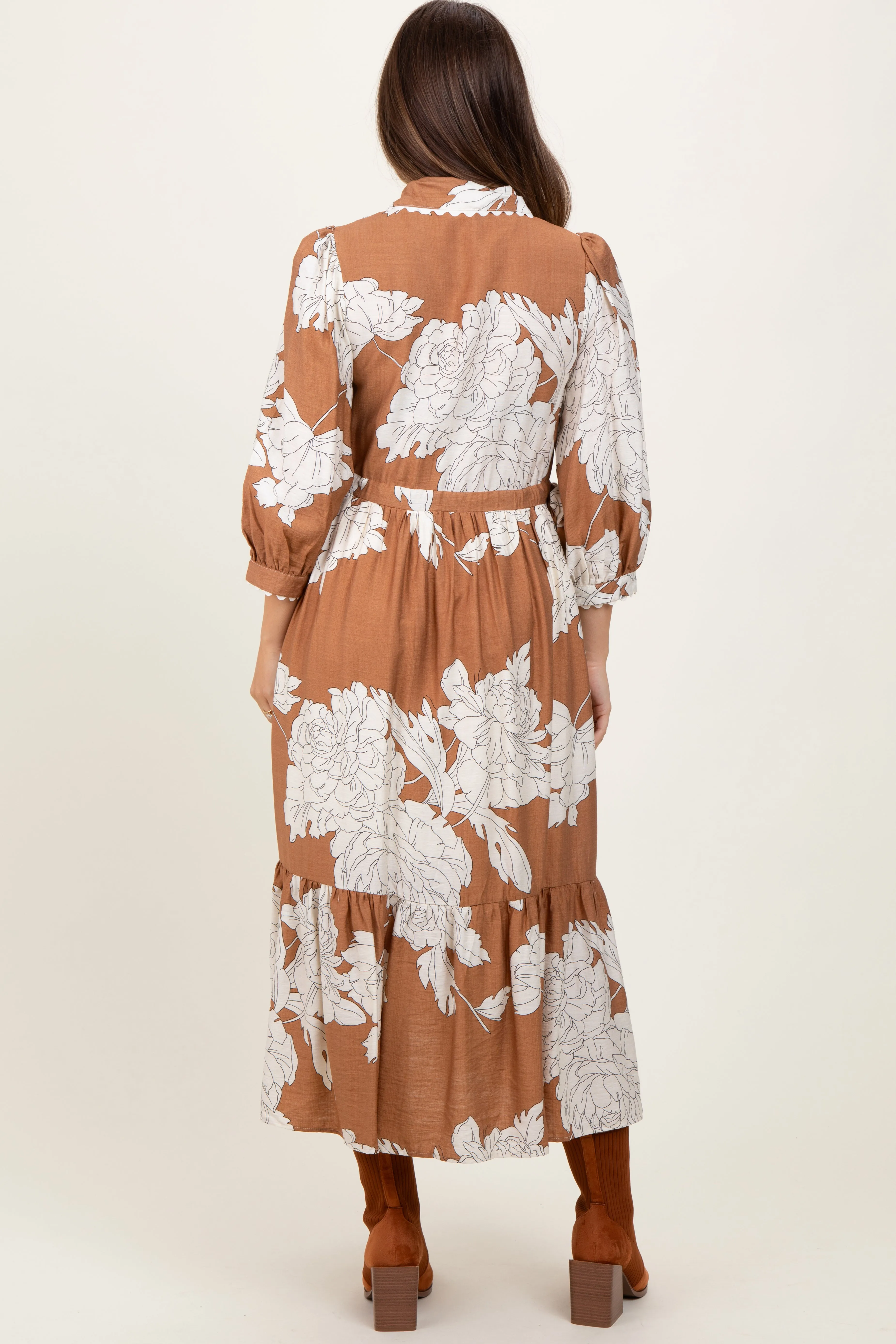 Camel Floral Print Cinched Tie Waist Maternity Shirt Dress sold by Pinkblush product image thumbnail 3