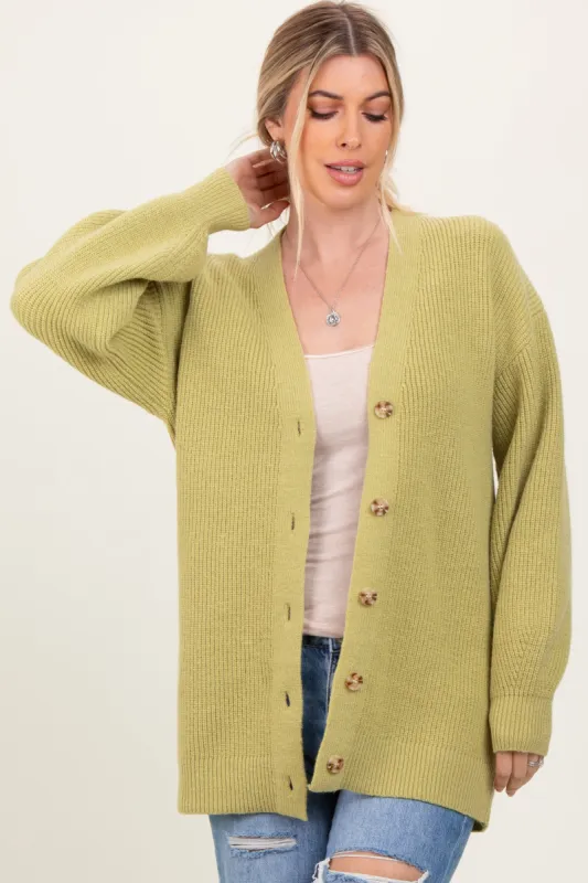 Light Olive Knit Oversized Button Down V-Neck Cardigan sold by Pinkblush
