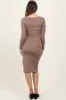 Taupe Knit Square Neck Side Slit Maternity Midi Dress sold by Pinkblush