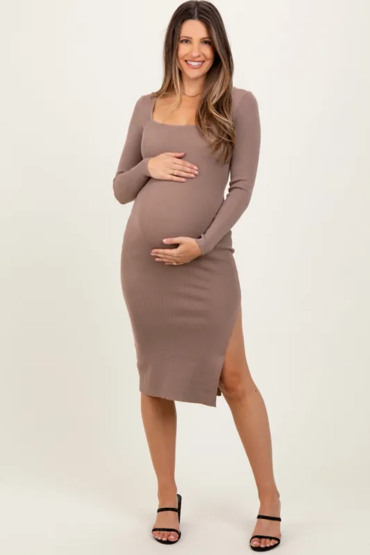 Taupe Knit Square Neck Side Slit Maternity Midi Dress sold by Pinkblush