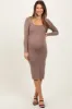 Taupe Knit Square Neck Side Slit Maternity Midi Dress sold by Pinkblush