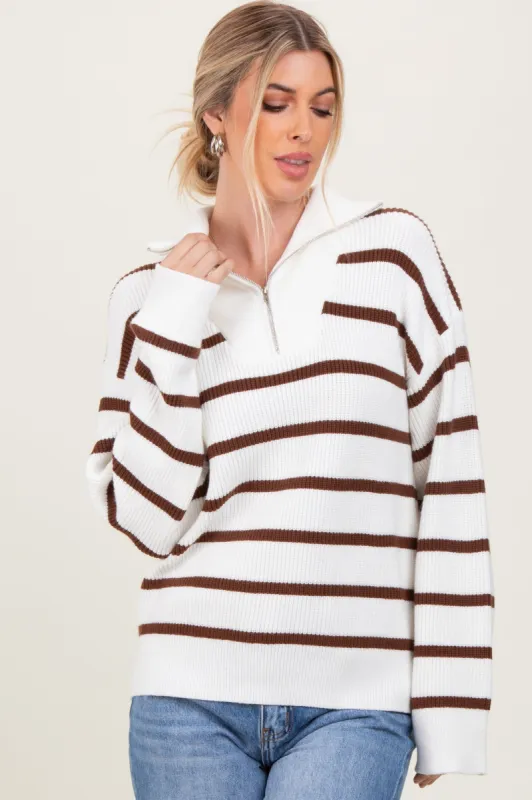 Brown Striped Knit Half Zip Sweater sold by Pinkblush