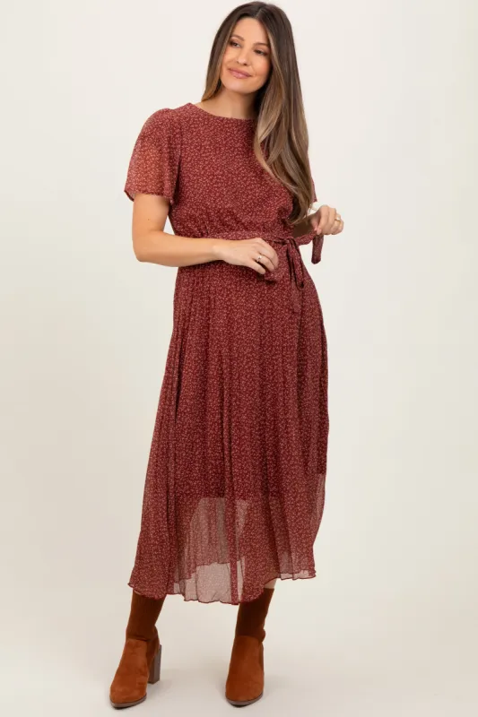 Burgundy Leaf Print Pleated Maternity Midi Dress sold by Pinkblush
