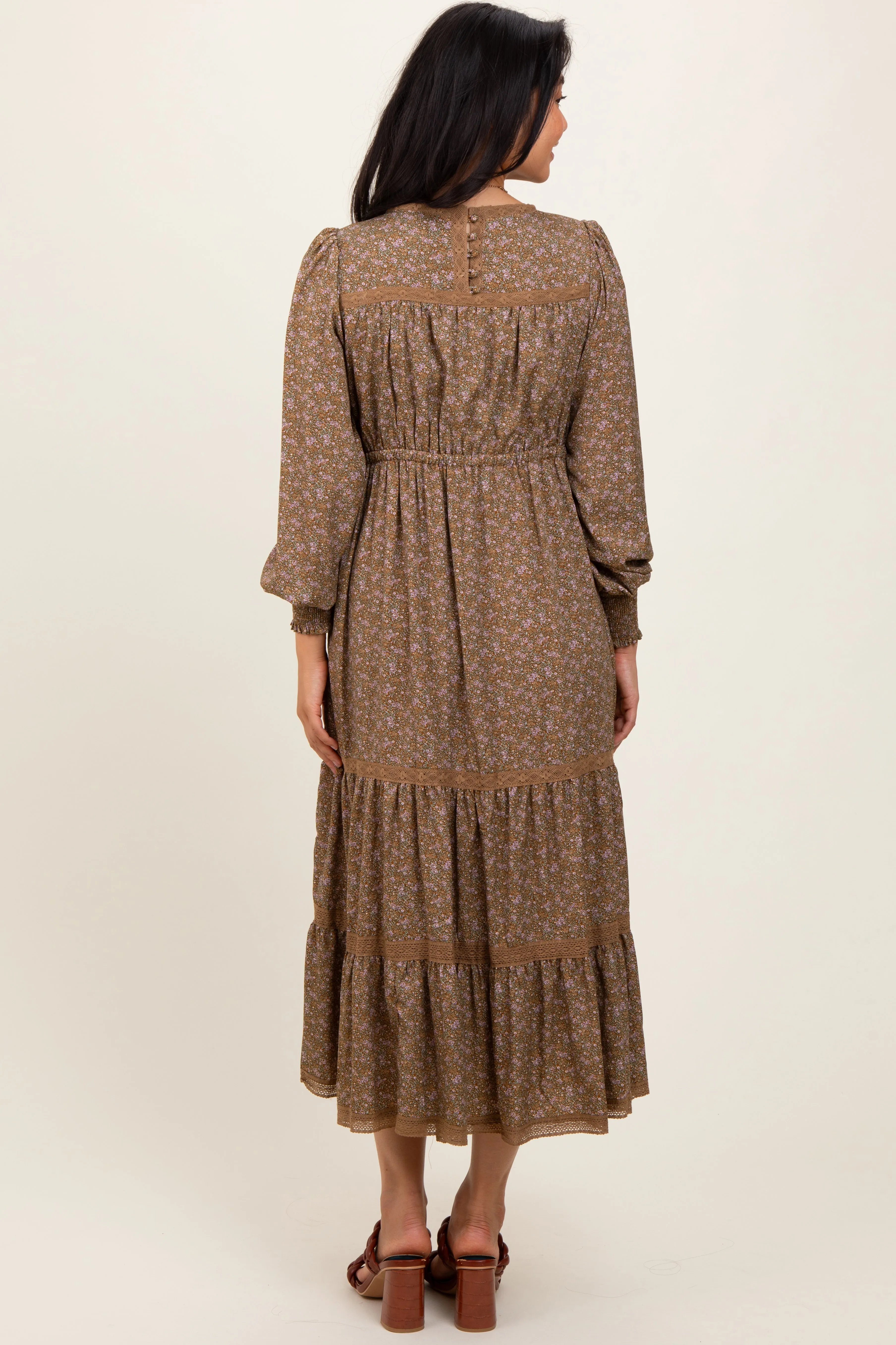 Mocha Floral Lace Trim Bubble Sleeve Maxi Dress sold by Pinkblush product image thumbnail 4