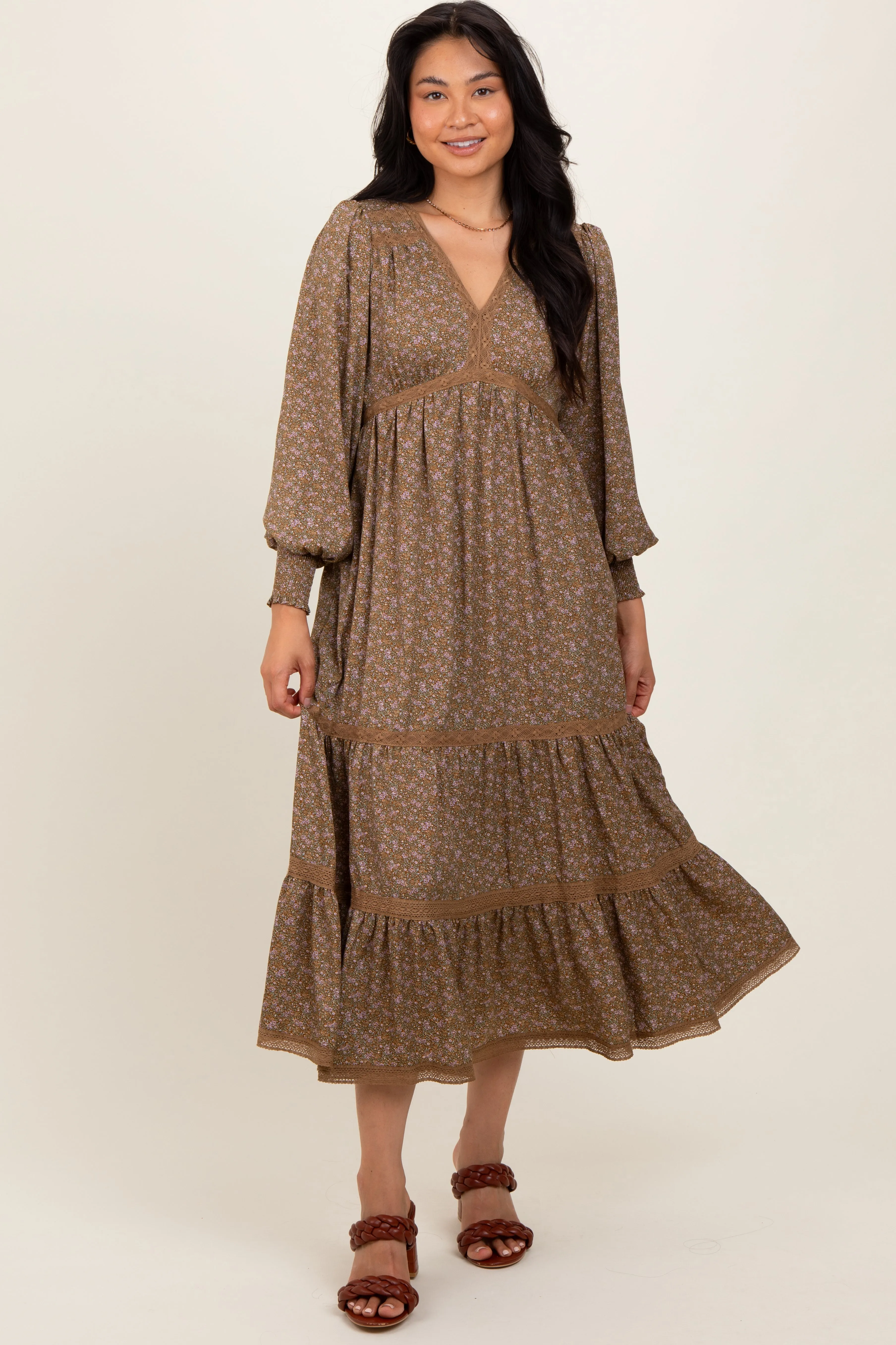 Mocha Floral Lace Trim Bubble Sleeve Maxi Dress sold by Pinkblush