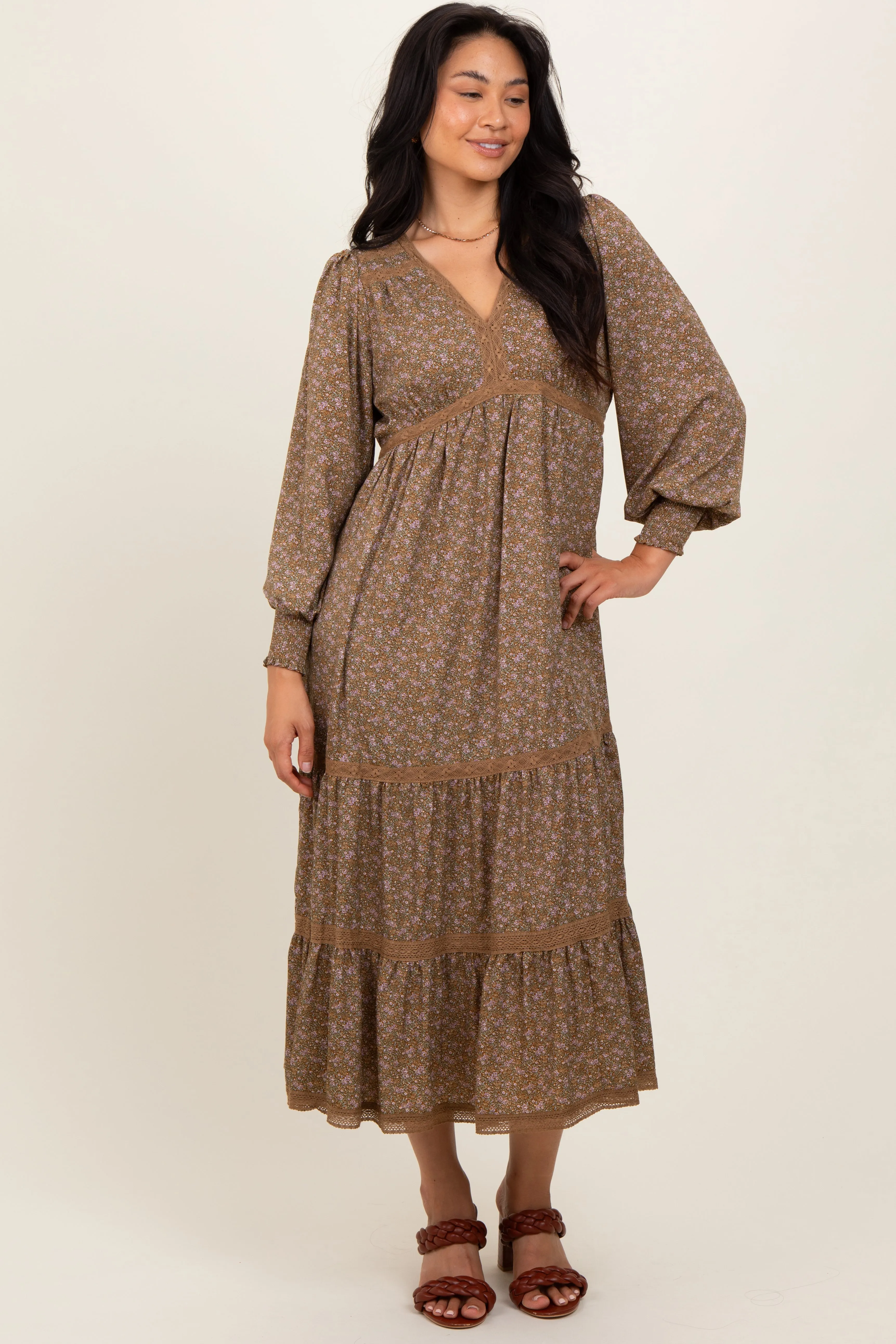 Mocha Floral Lace Trim Bubble Sleeve Maxi Dress sold by Pinkblush product image thumbnail 2