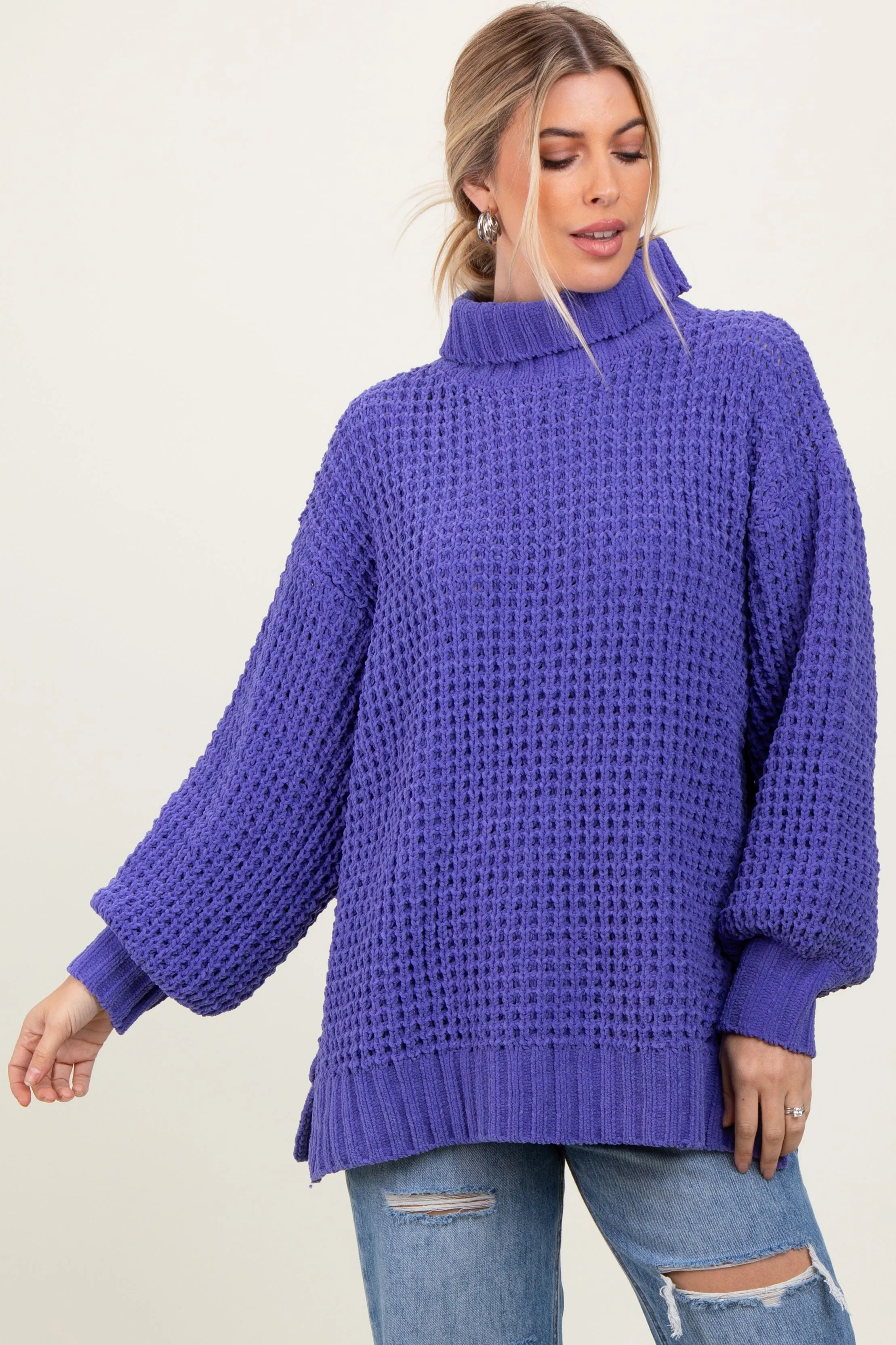 Periwinkle Chunky Waffle Knit Turtleneck Sweater sold by Pinkblush