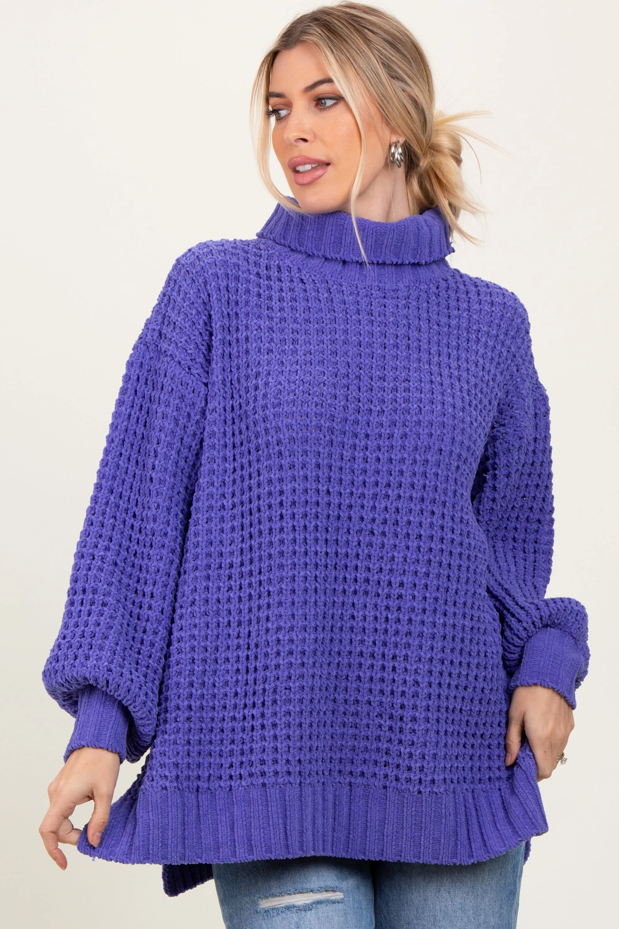 Periwinkle Chunky Waffle Knit Turtleneck Sweater sold by Pinkblush product image thumbnail 2