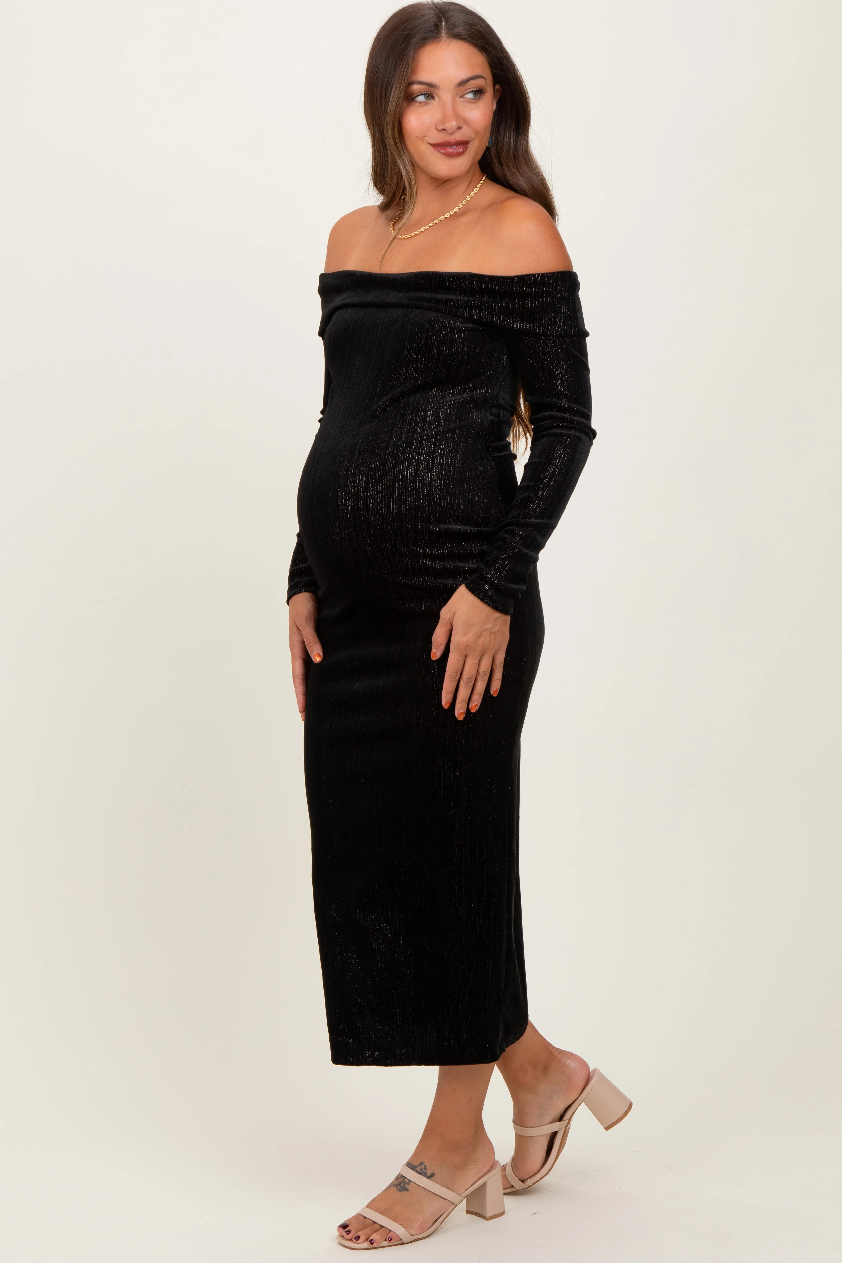 Black Shiny Velour Off Shoulder Maternity Midi Dress sold by Pinkblush product image thumbnail 3