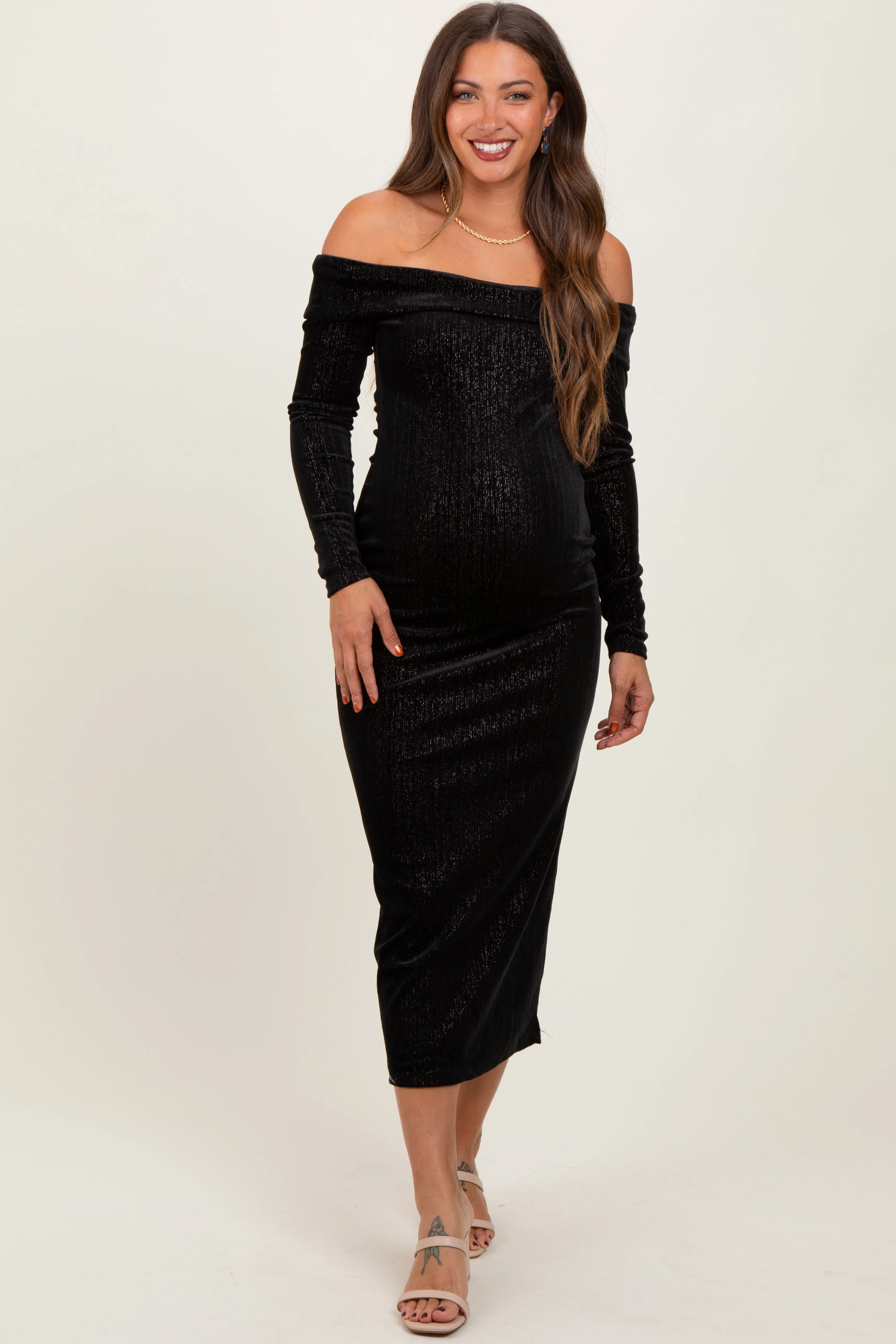 Black Shiny Velour Off Shoulder Maternity Midi Dress sold by Pinkblush