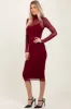 Burgundy Mesh Overlay Fitted Midi Dress sold by Pinkblush