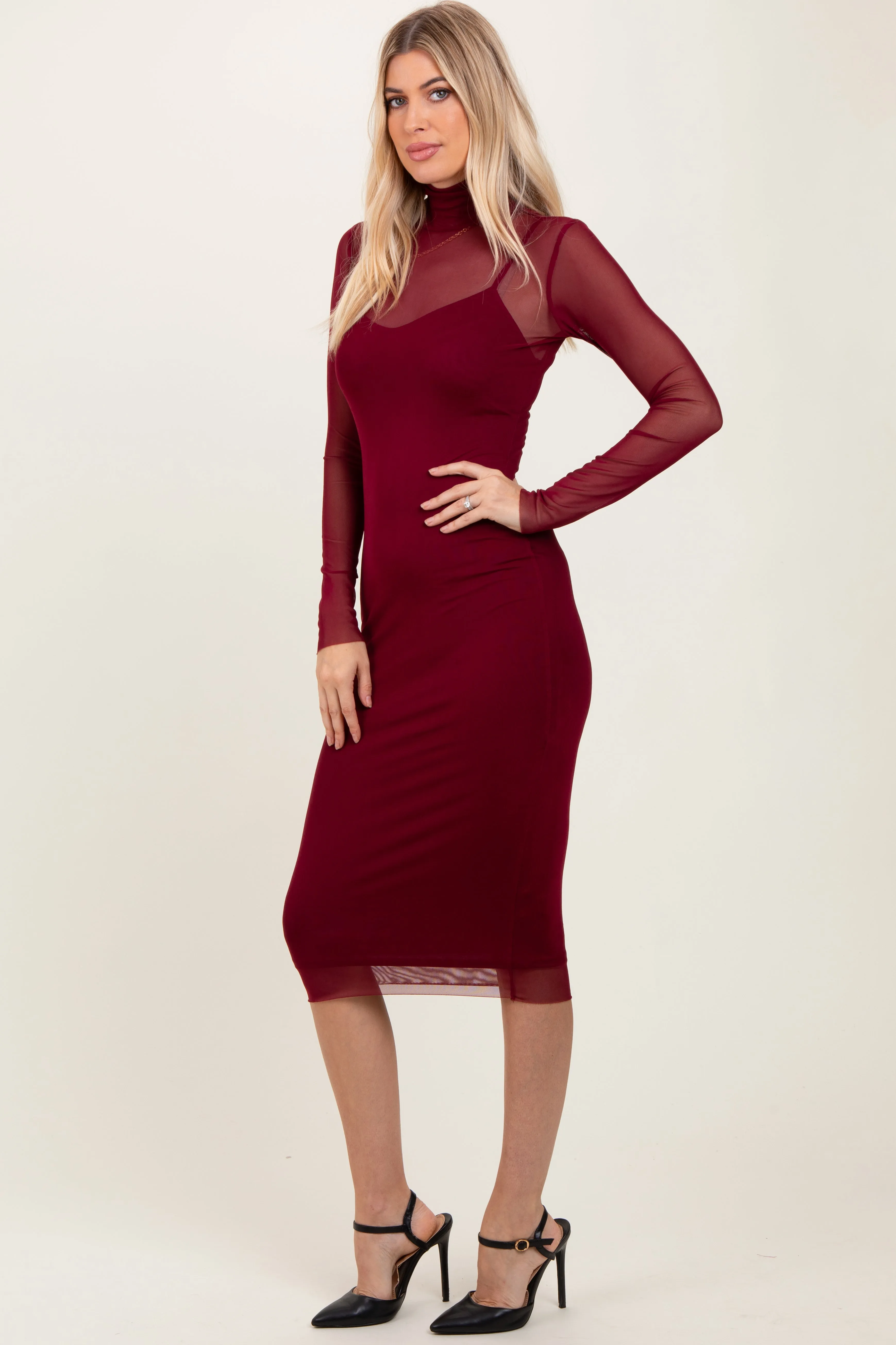 Burgundy Mesh Overlay Fitted Midi Dress sold by Pinkblush product image thumbnail 3