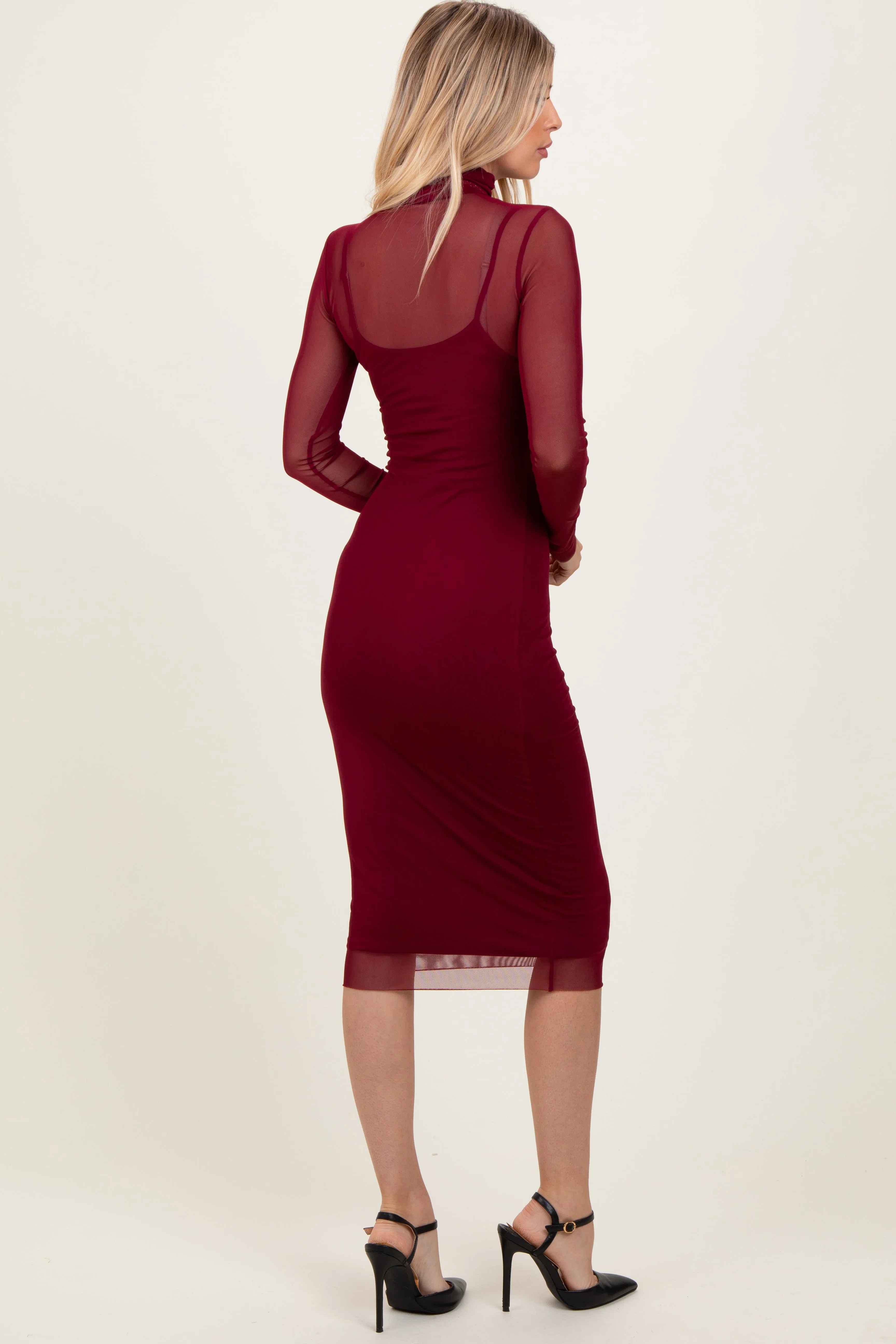 Burgundy Mesh Overlay Fitted Midi Dress sold by Pinkblush product image thumbnail 4