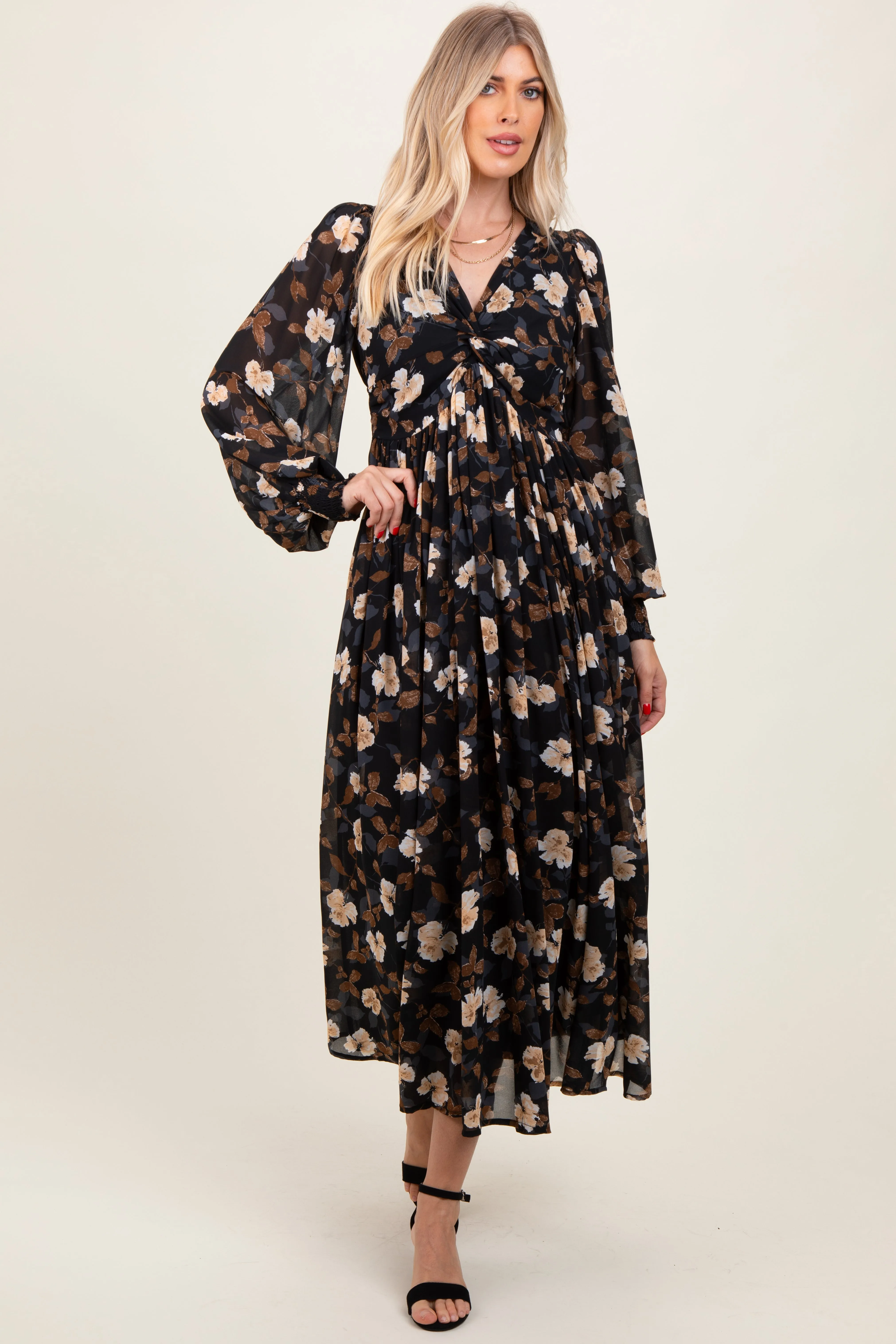 Black Floral Chiffon Twist Front Wrap Maxi Dress sold by Pinkblush product image thumbnail 3