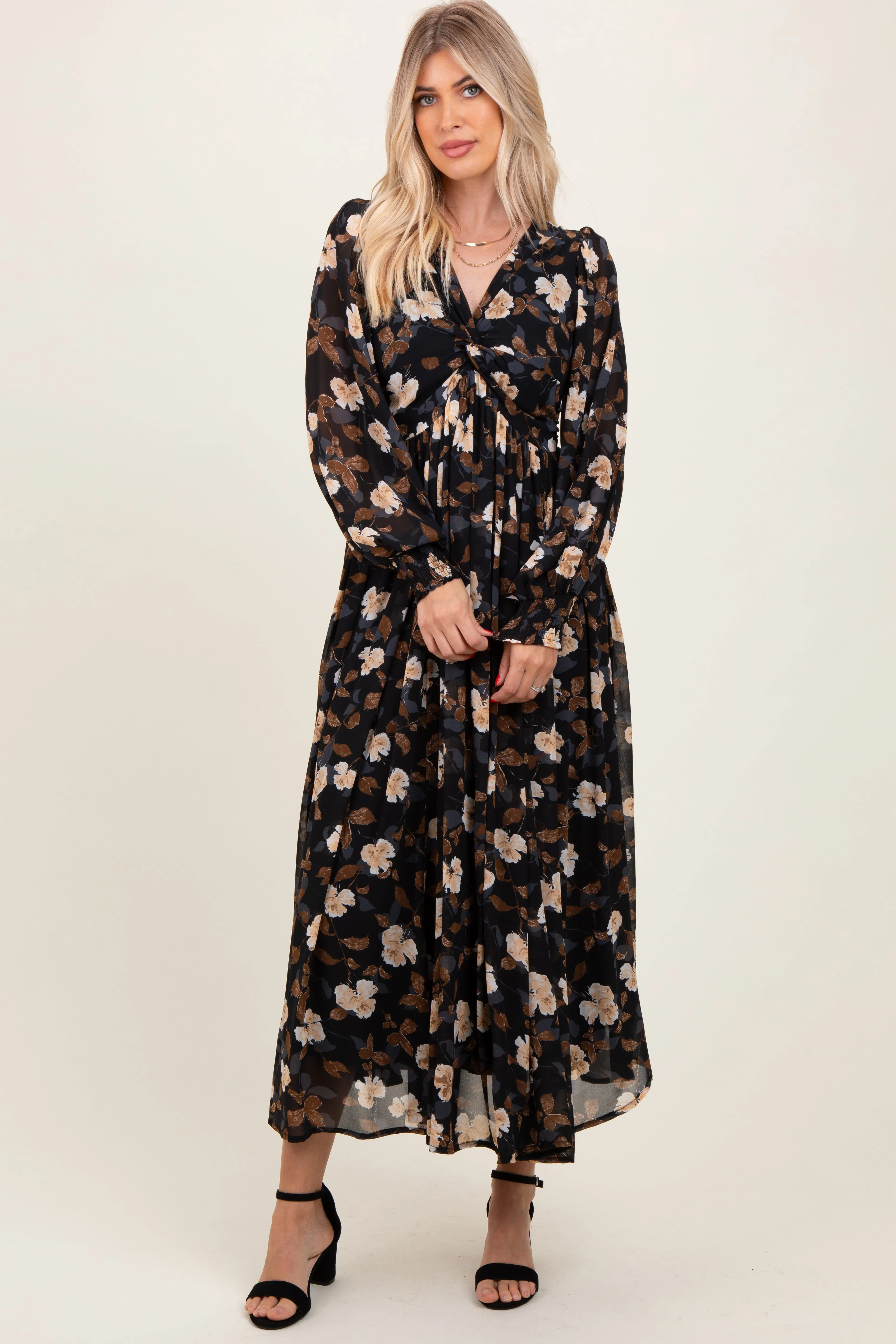 Black Floral Chiffon Twist Front Wrap Maxi Dress sold by Pinkblush