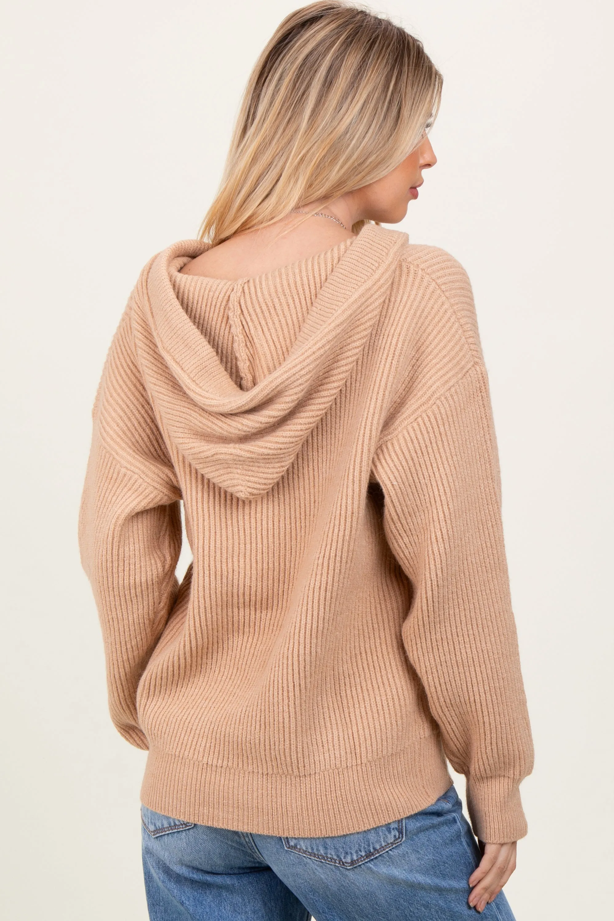Beige Ribbed Knit Button Front Hooded Sweater sold by Pinkblush product image thumbnail 4