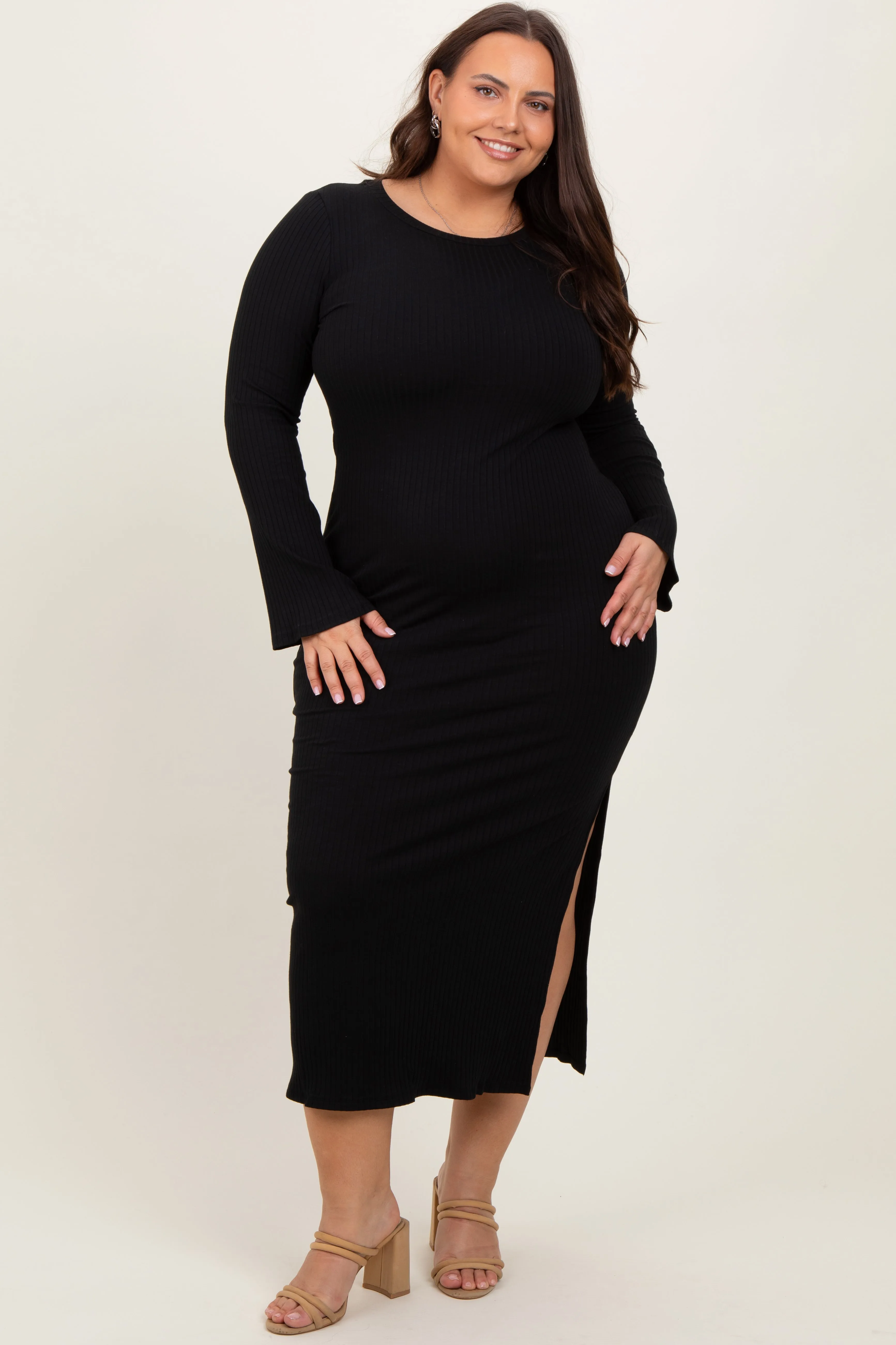 Black Ribbed Side Slit Plus Maxi Dress sold by Pinkblush