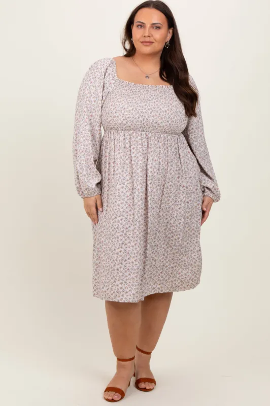 Beige Floral Print Long Sleeve Plus Midi Dress sold by Pinkblush