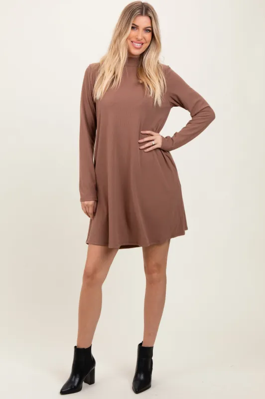 Mocha Ribbed Mock Neck Long Sleeve Basic Dress sold by Pinkblush