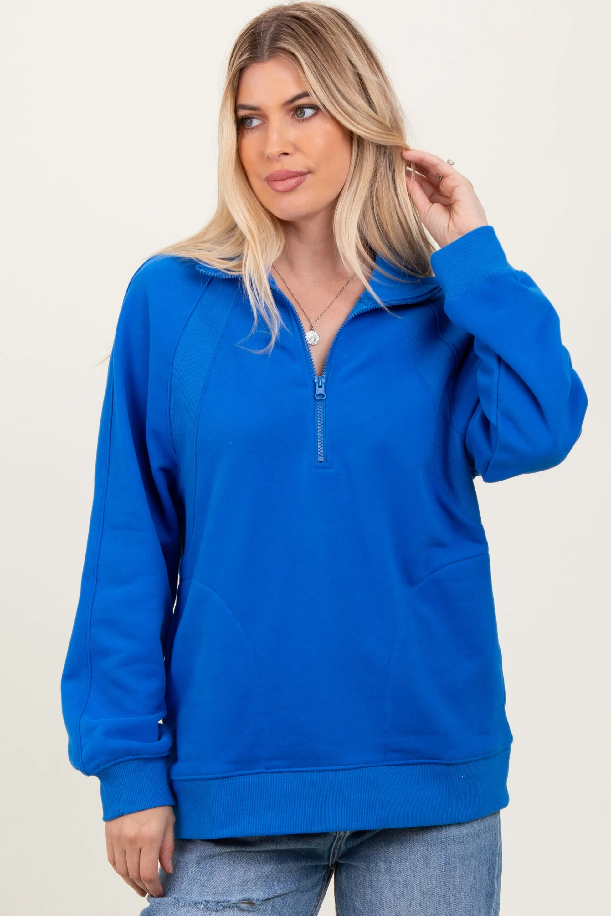 Blue Half Zip Contrast Rib Sweatshirt Top sold by Pinkblush